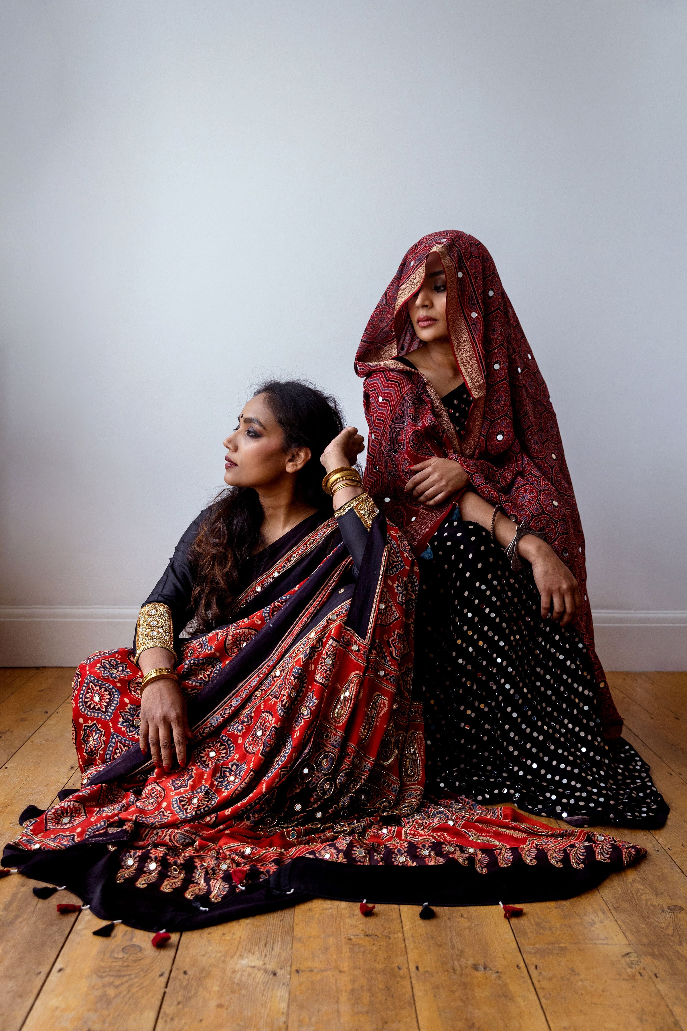 Ajrak mirror work modal silk saree