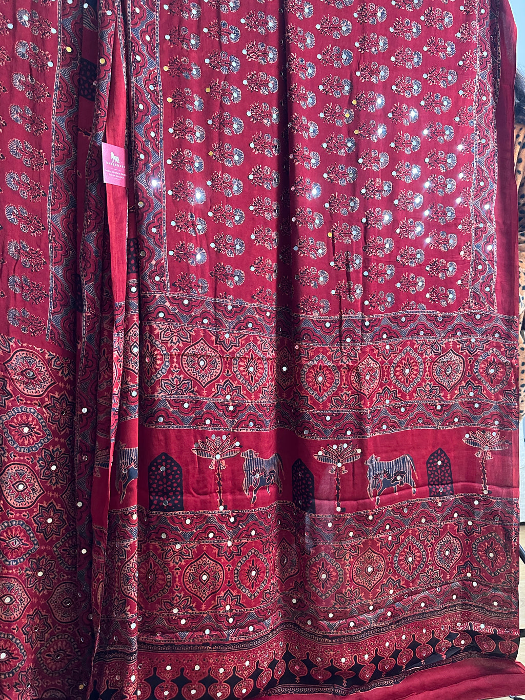 Maroonish Red Ajrakh block Printed Saree with Mirror work