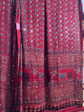 Maroonish Red Ajrakh block Printed Saree with Mirror work