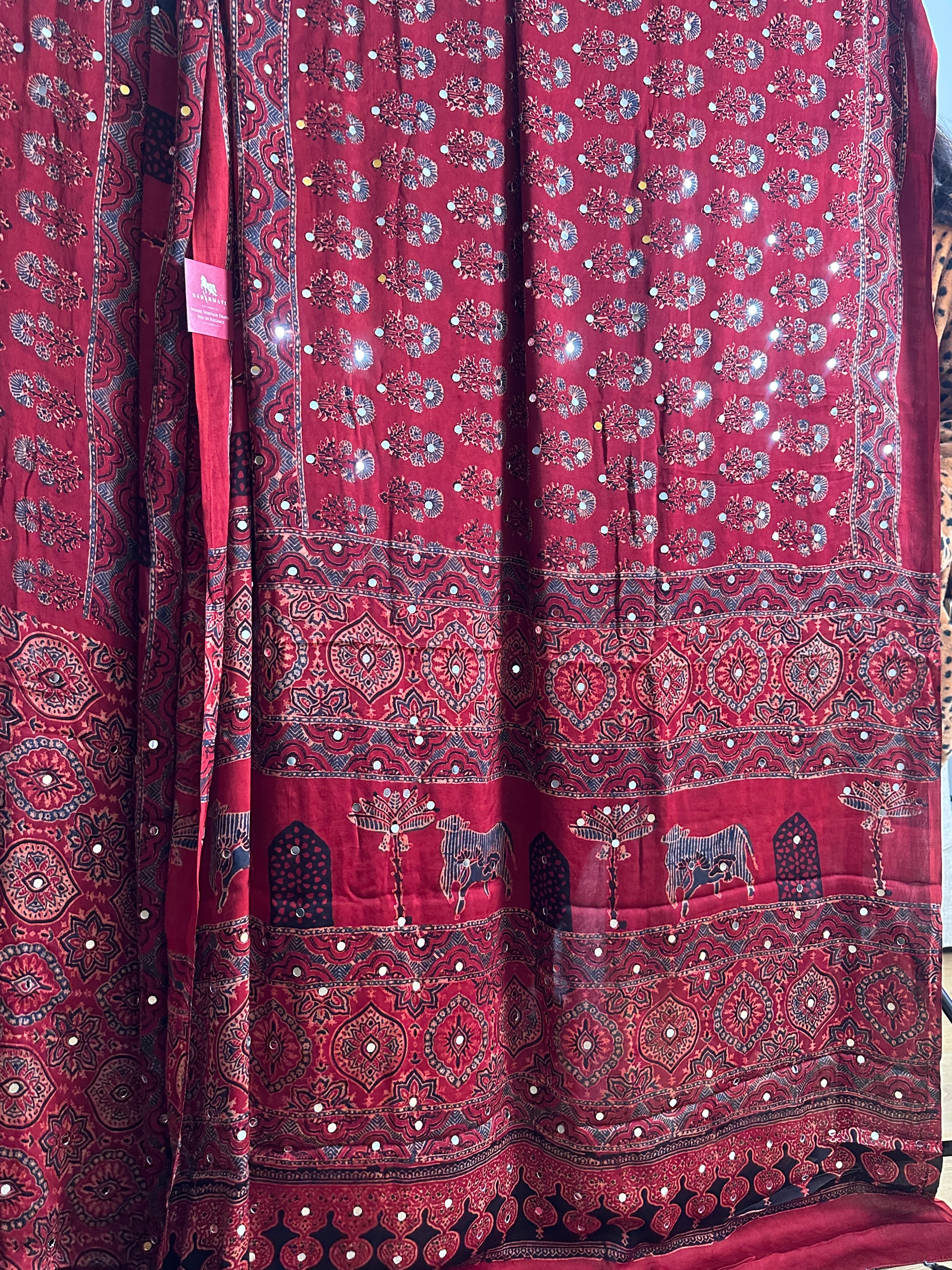 Maroonish Red Ajrakh block Printed Saree with Mirror work