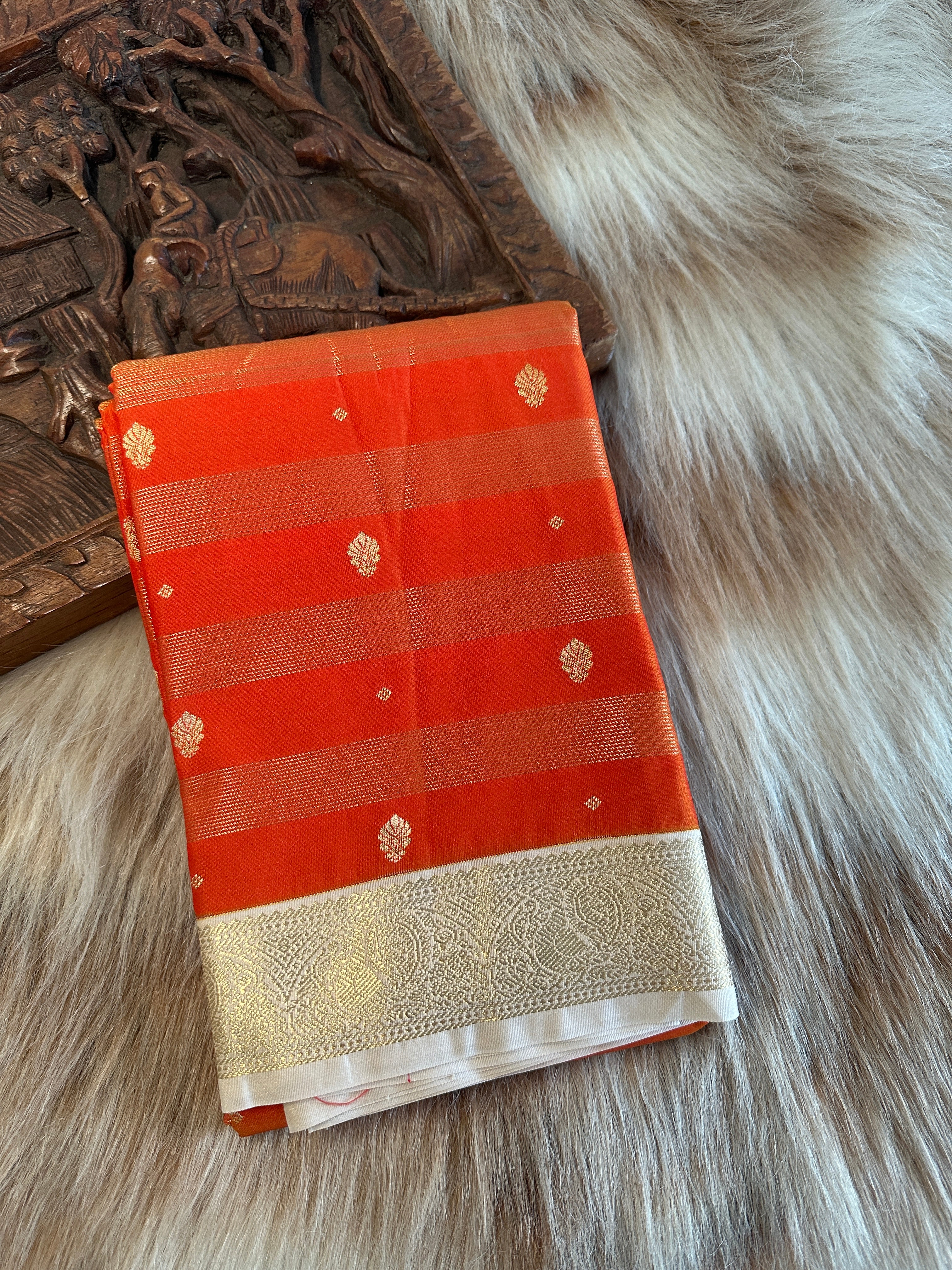 Orange Semi Silk Saree with off white and Gold Border