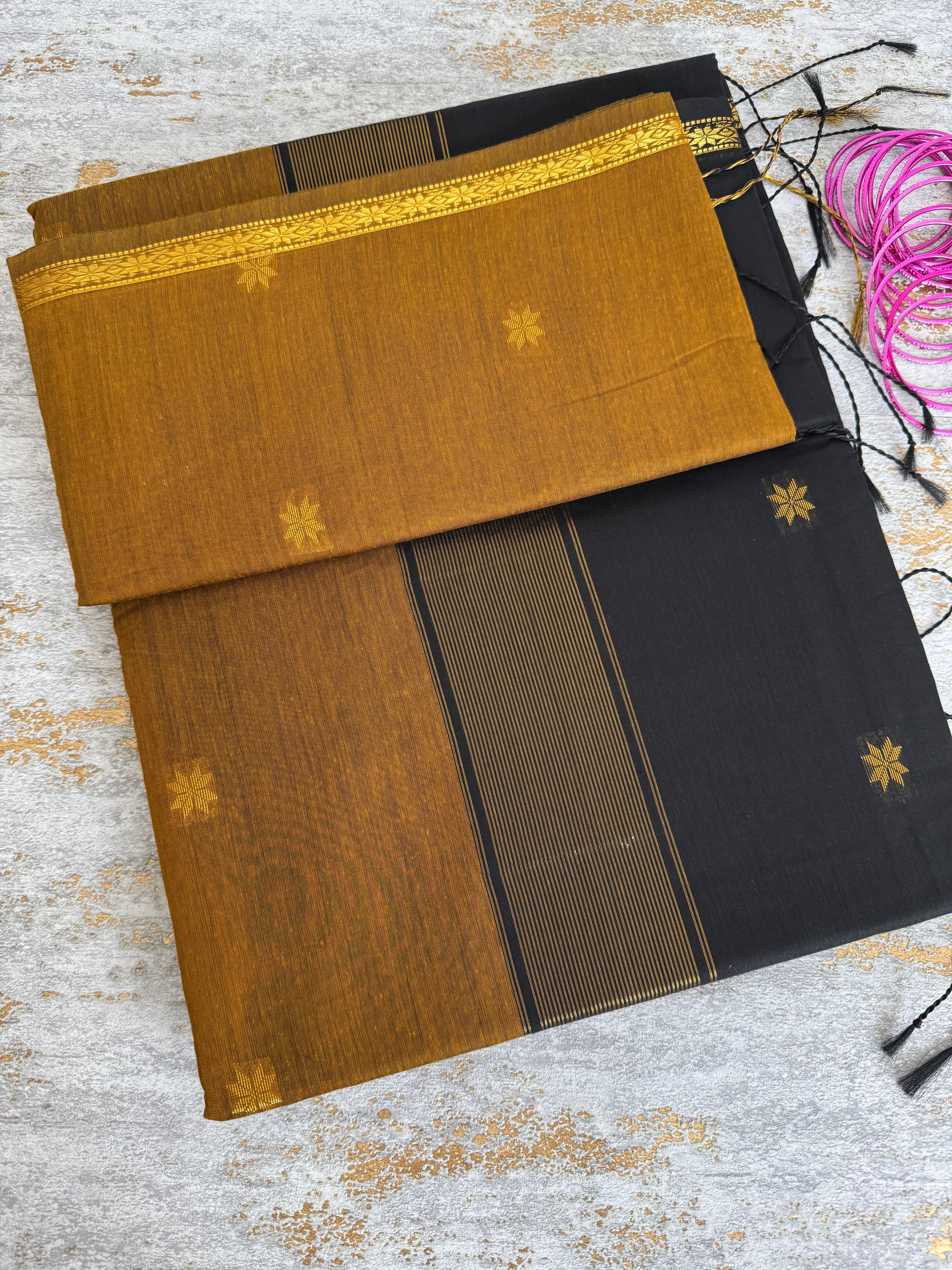 Mustard and black Maheshwari silk cotton saree