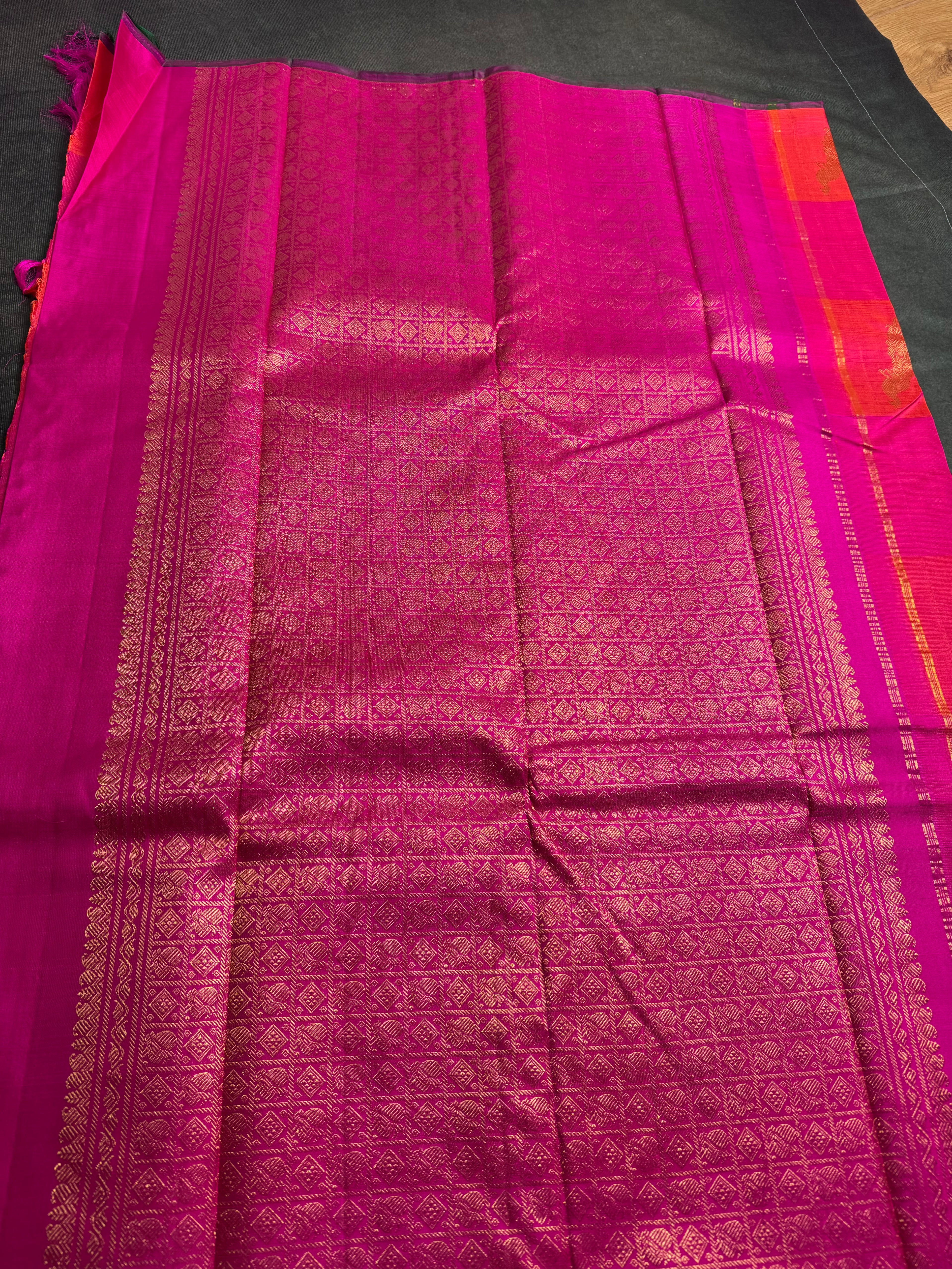 Pink and coral checks Kanchipuram silk saree