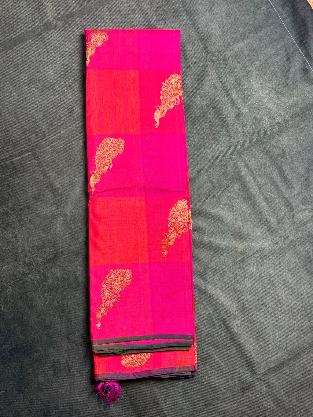 Pink and coral checks Kanchipuram silk saree
