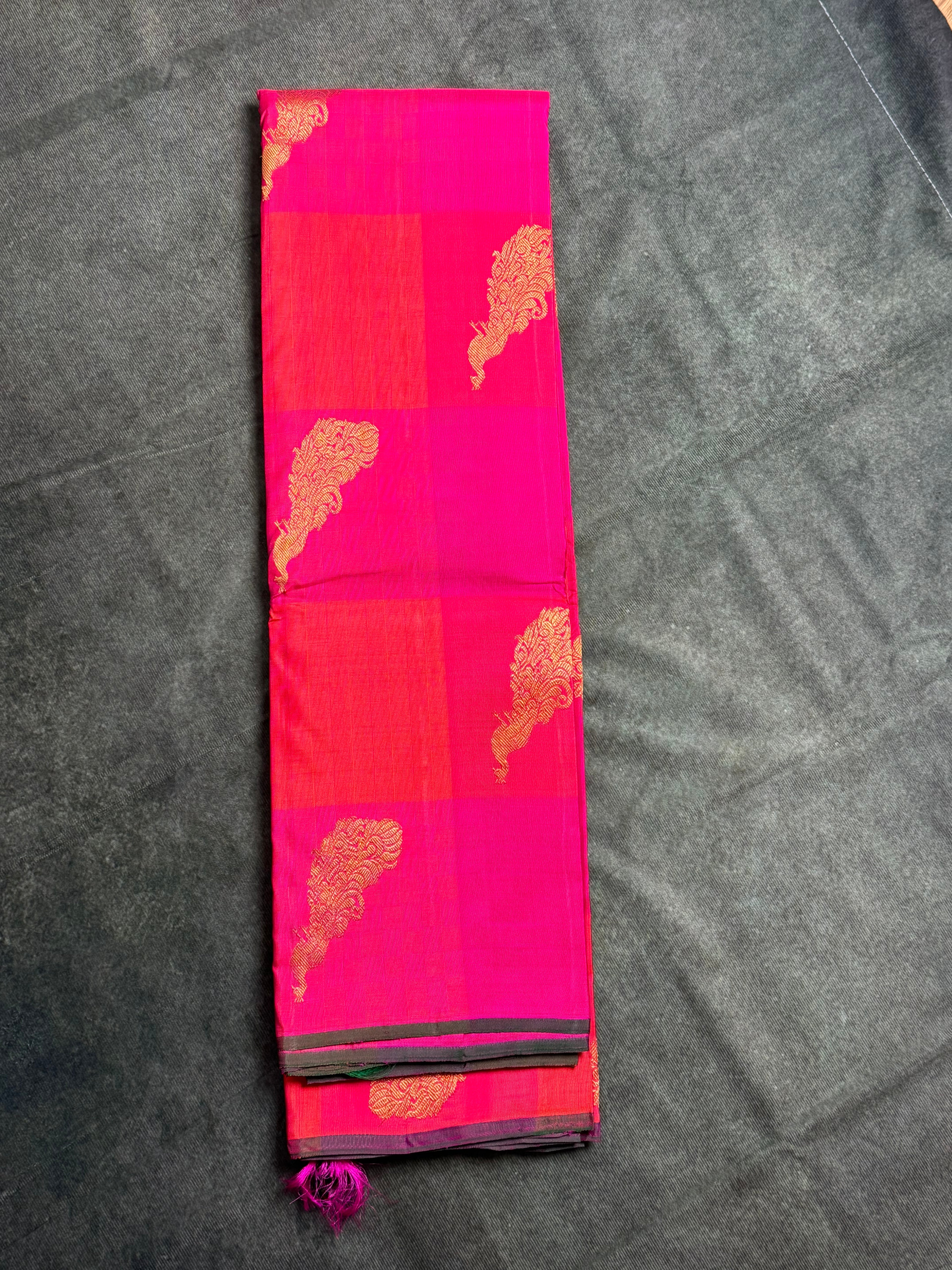 Pink and coral checks Kanchipuram silk saree