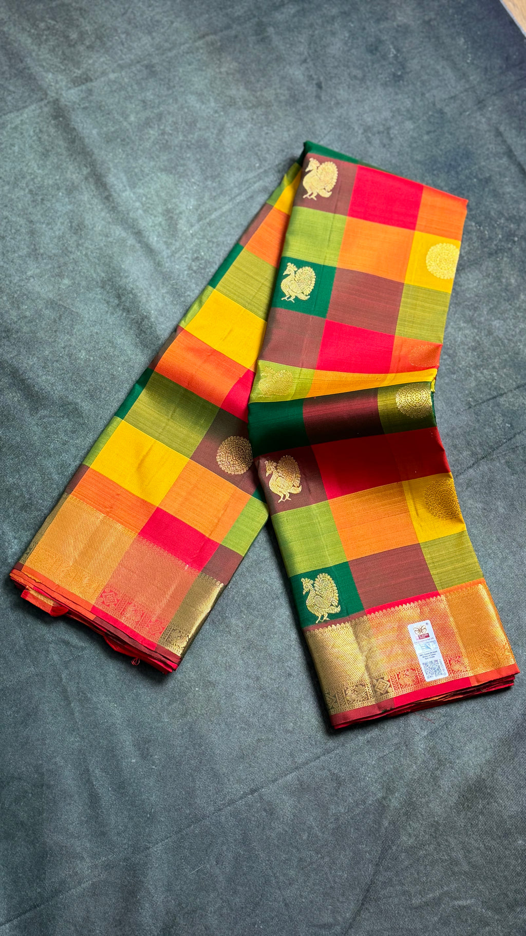 Paalum pazhamum Kanchipuram silk saree (multi colour checks )