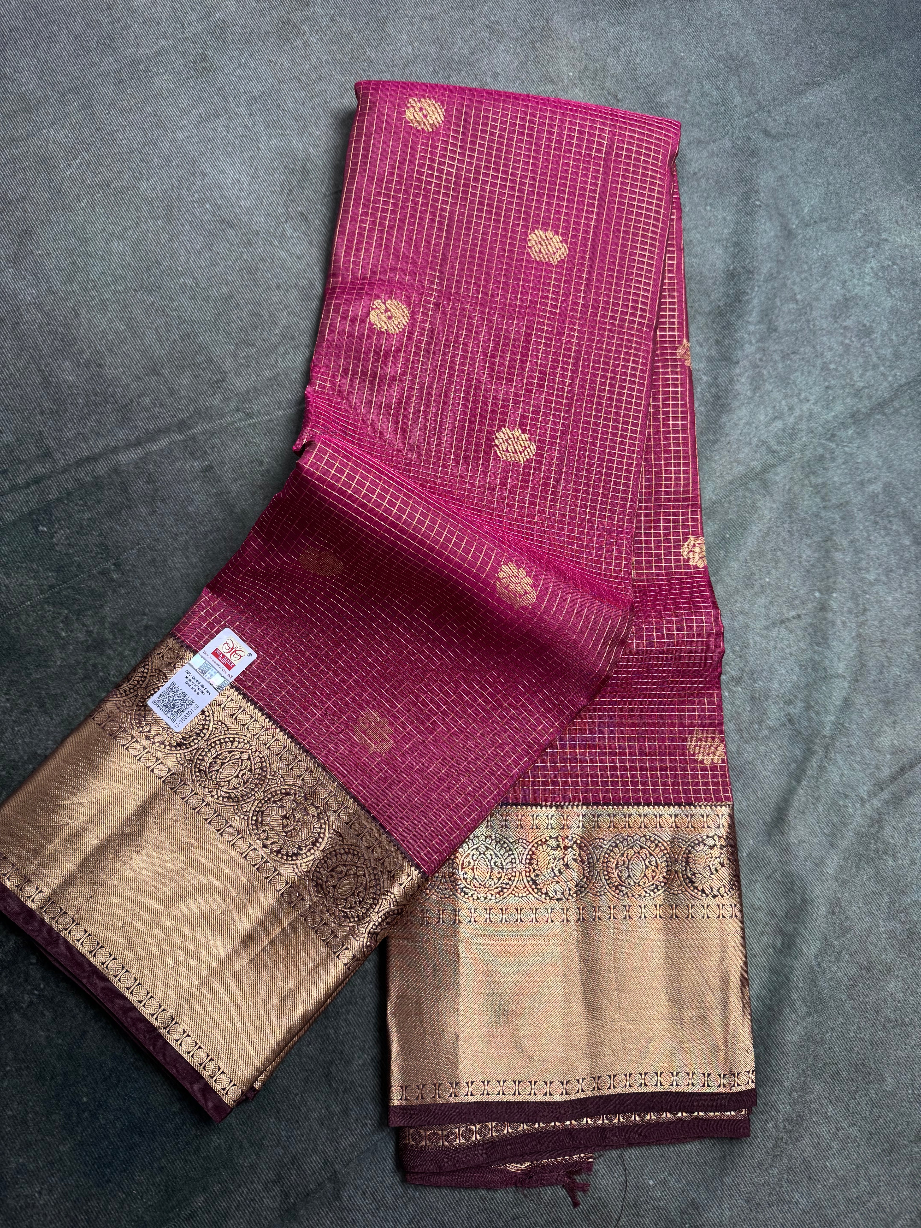 Maroon checked Kanchipuram silk saree