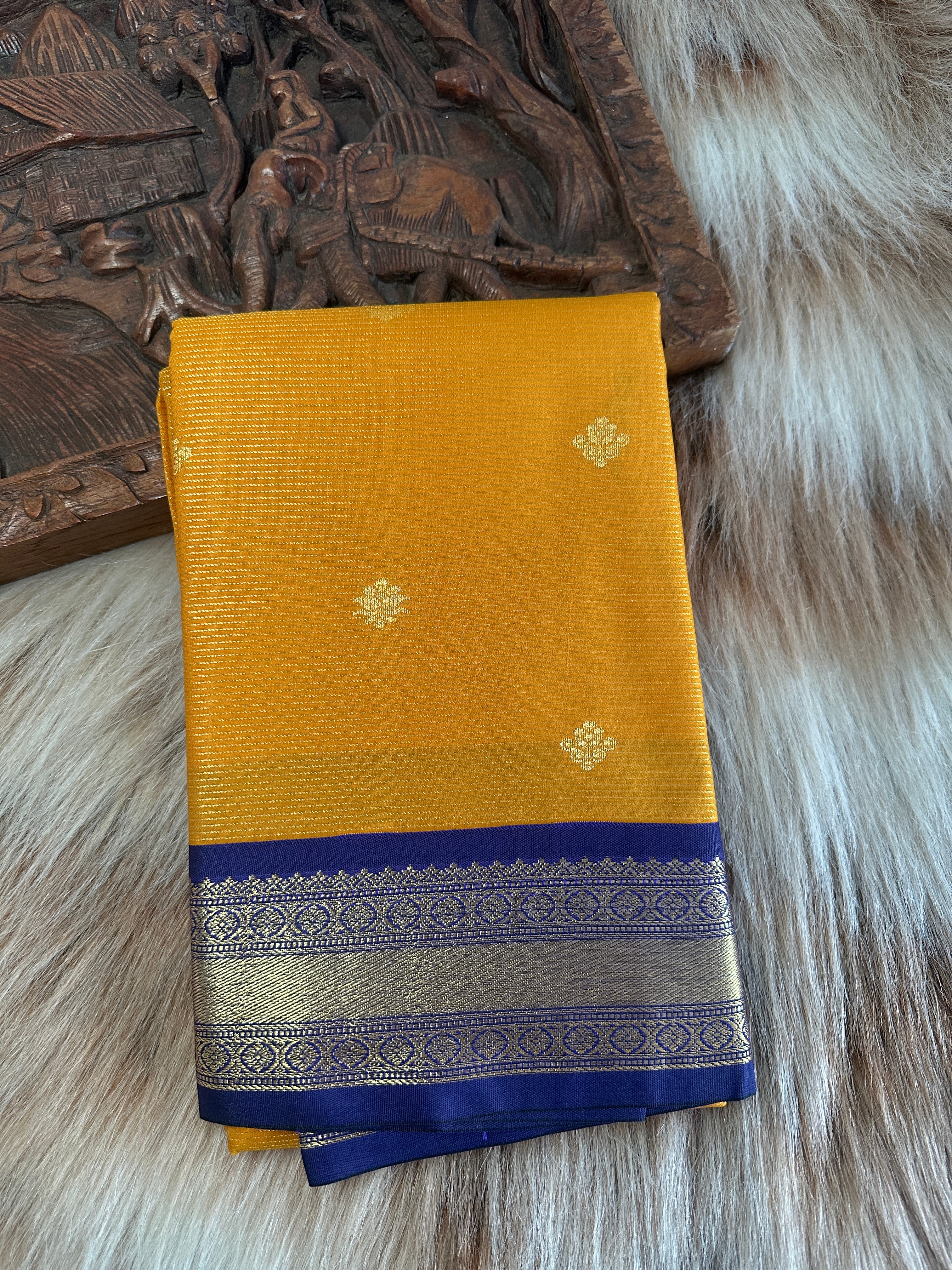 Mustard Yellow Semi Silk Saree with Navy Blue Border