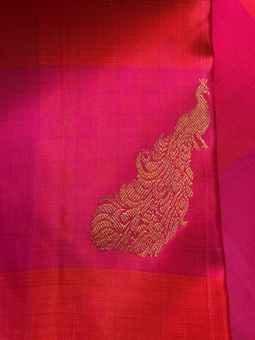 Pink and coral checks Kanchipuram silk saree
