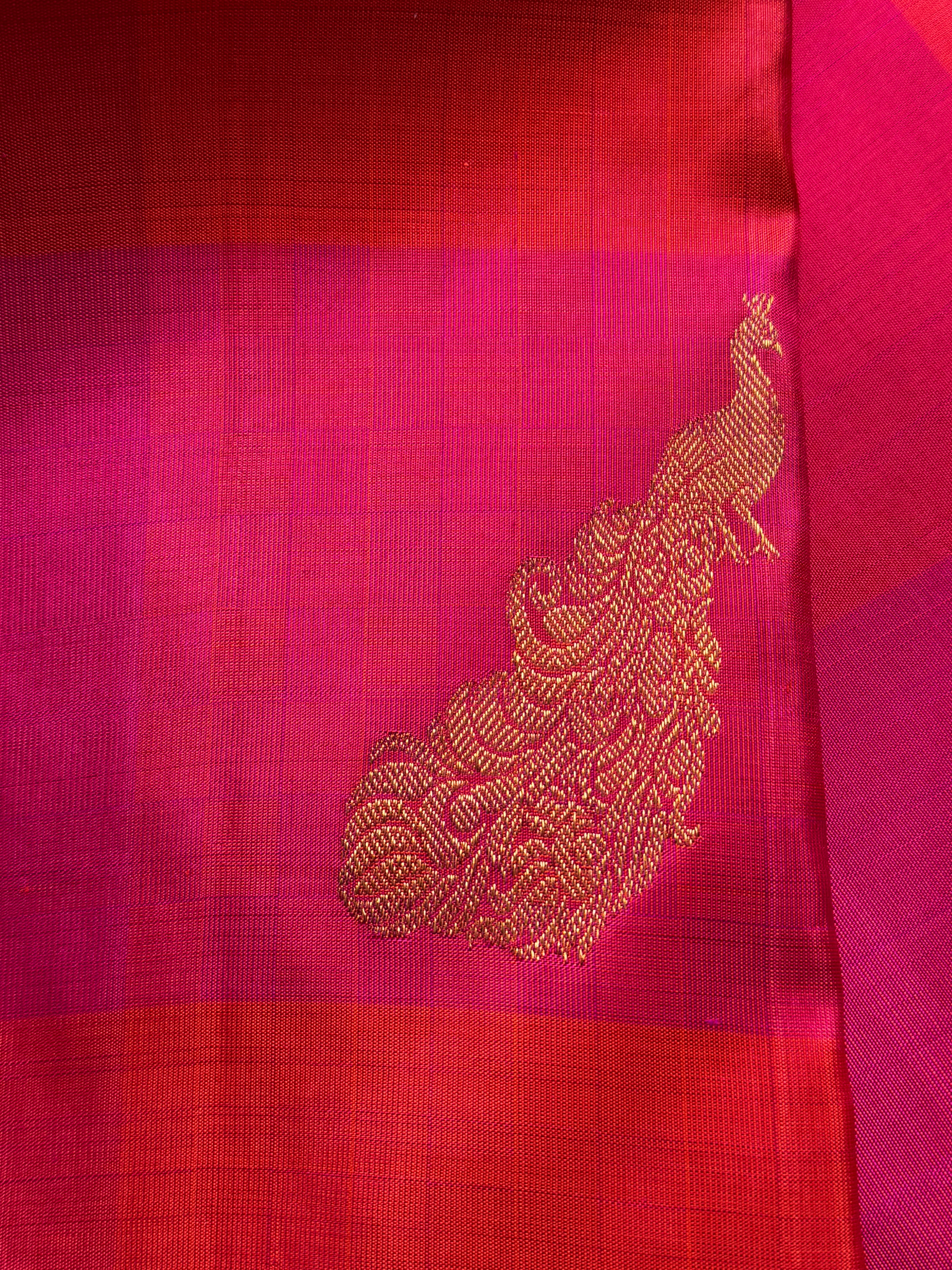 Pink and coral checks Kanchipuram silk saree