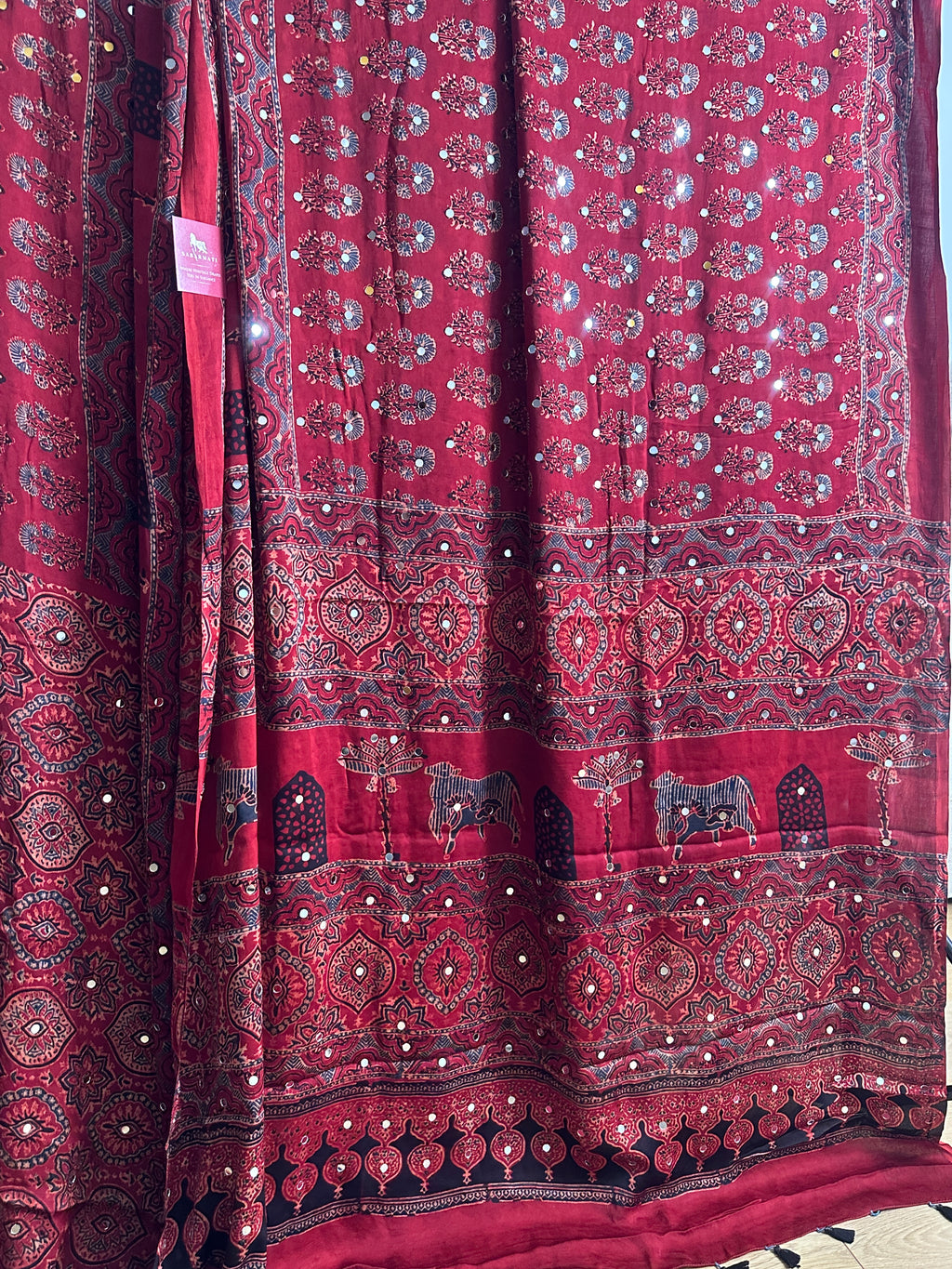 Maroonish Red Ajrakh block Printed Saree with Mirror work