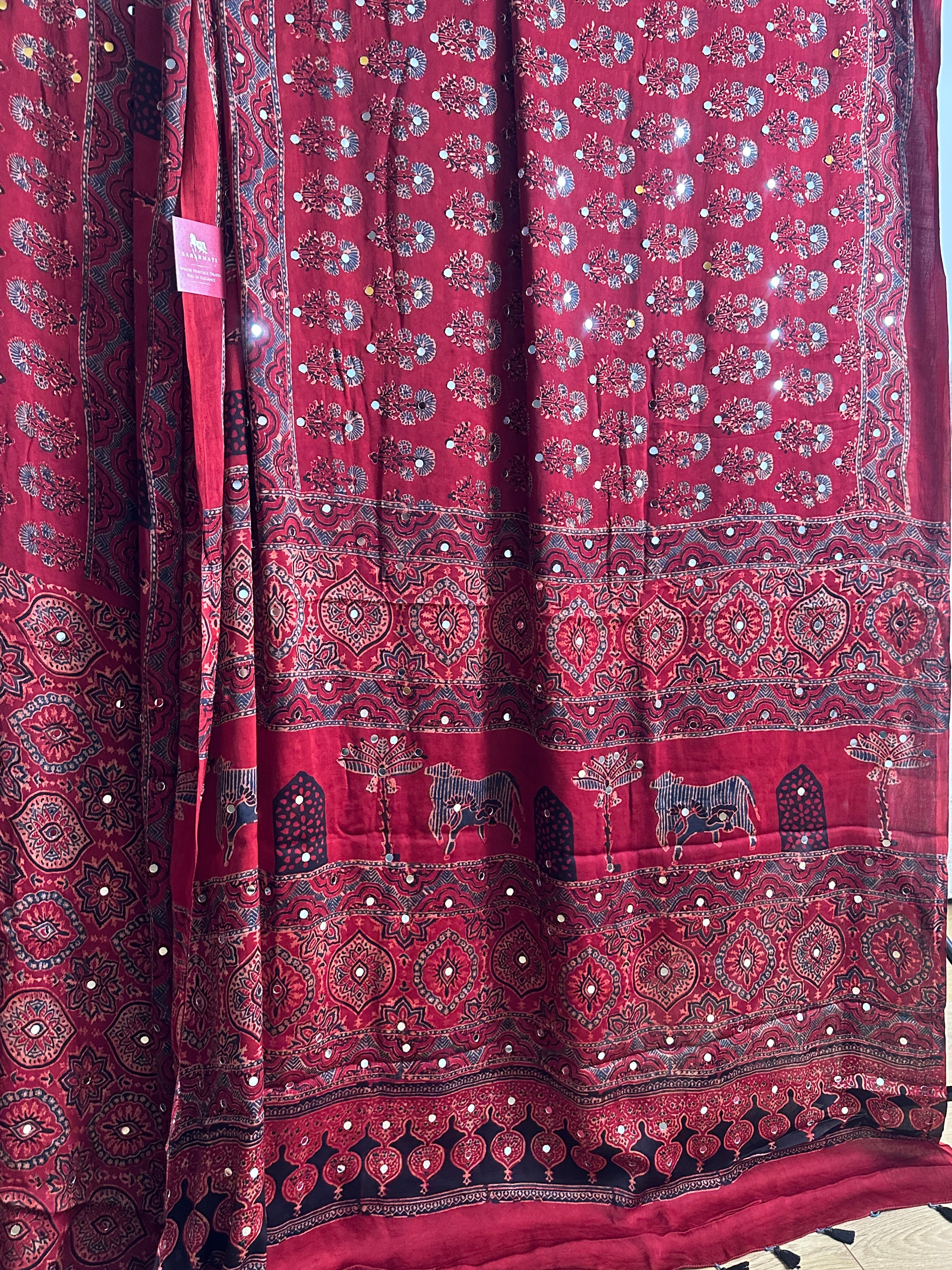 Maroonish Red Ajrakh block Printed Saree with Mirror work