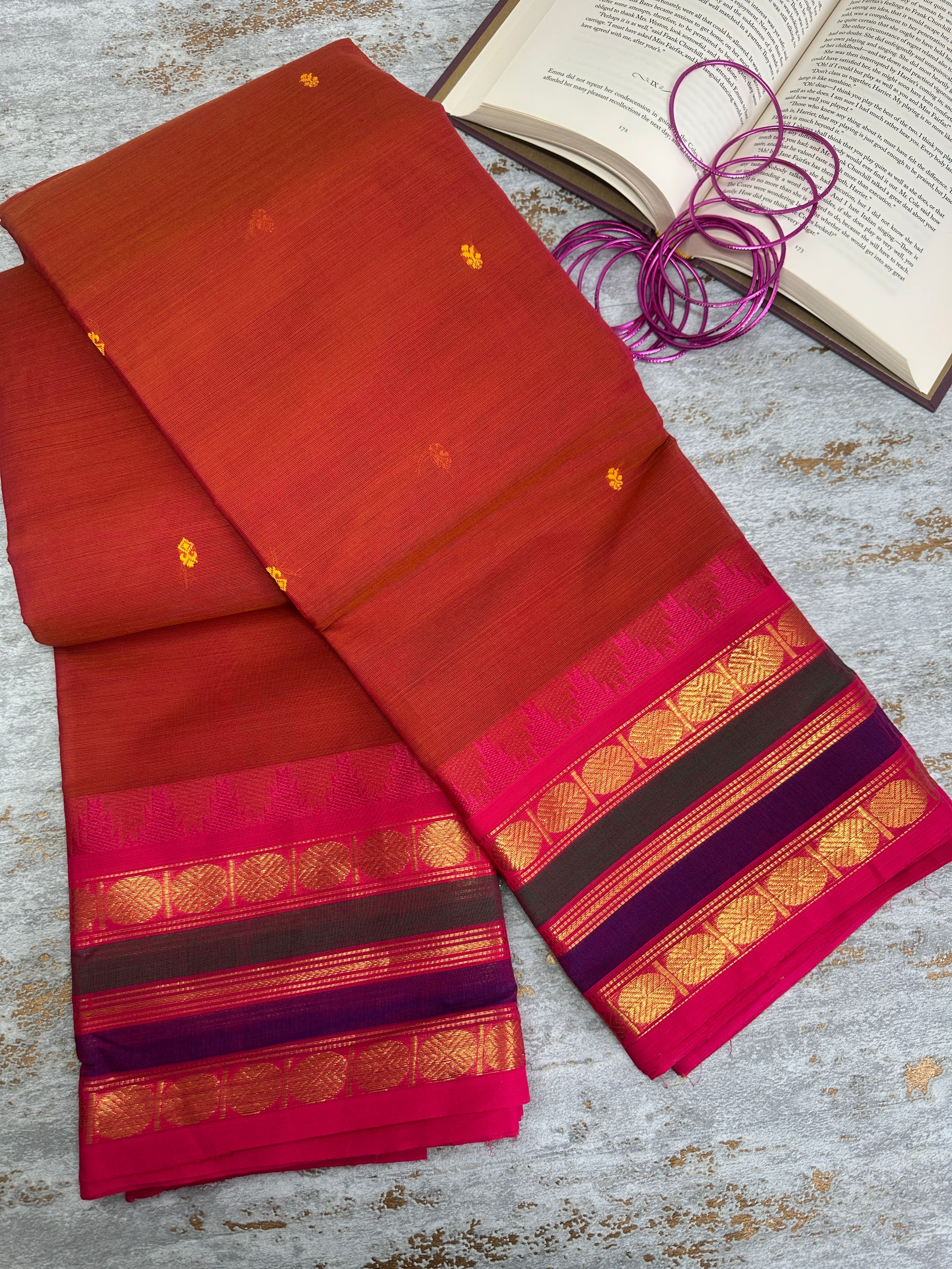 Kanchi cotton saree in brick warm red