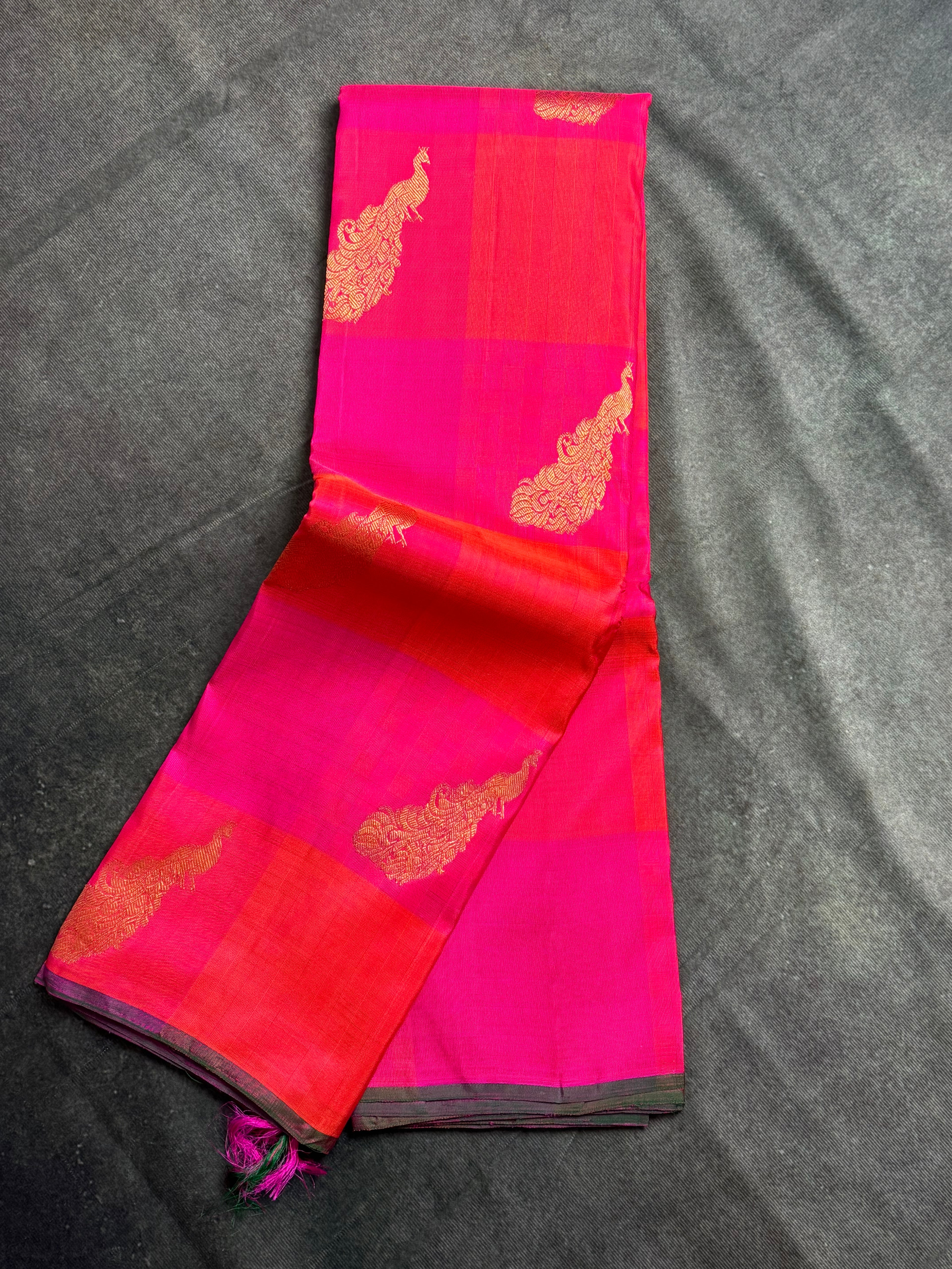 Pink and coral checks Kanchipuram silk saree