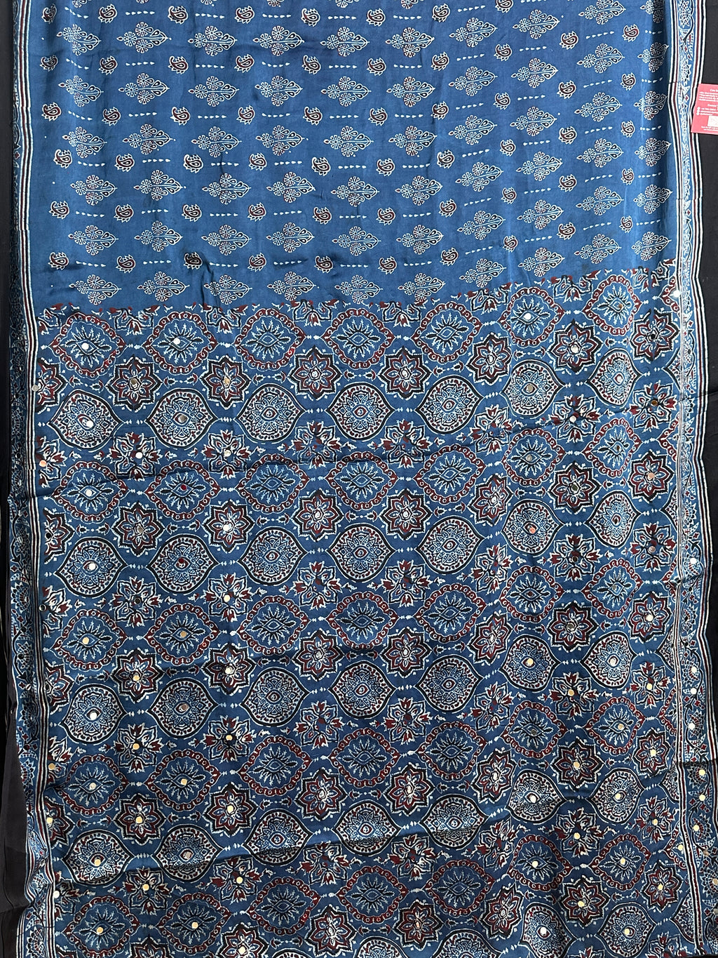 Dark blue hand block printed modal silk mirror work saree