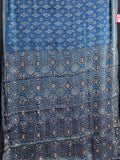 Dark blue hand block printed modal silk mirror work saree