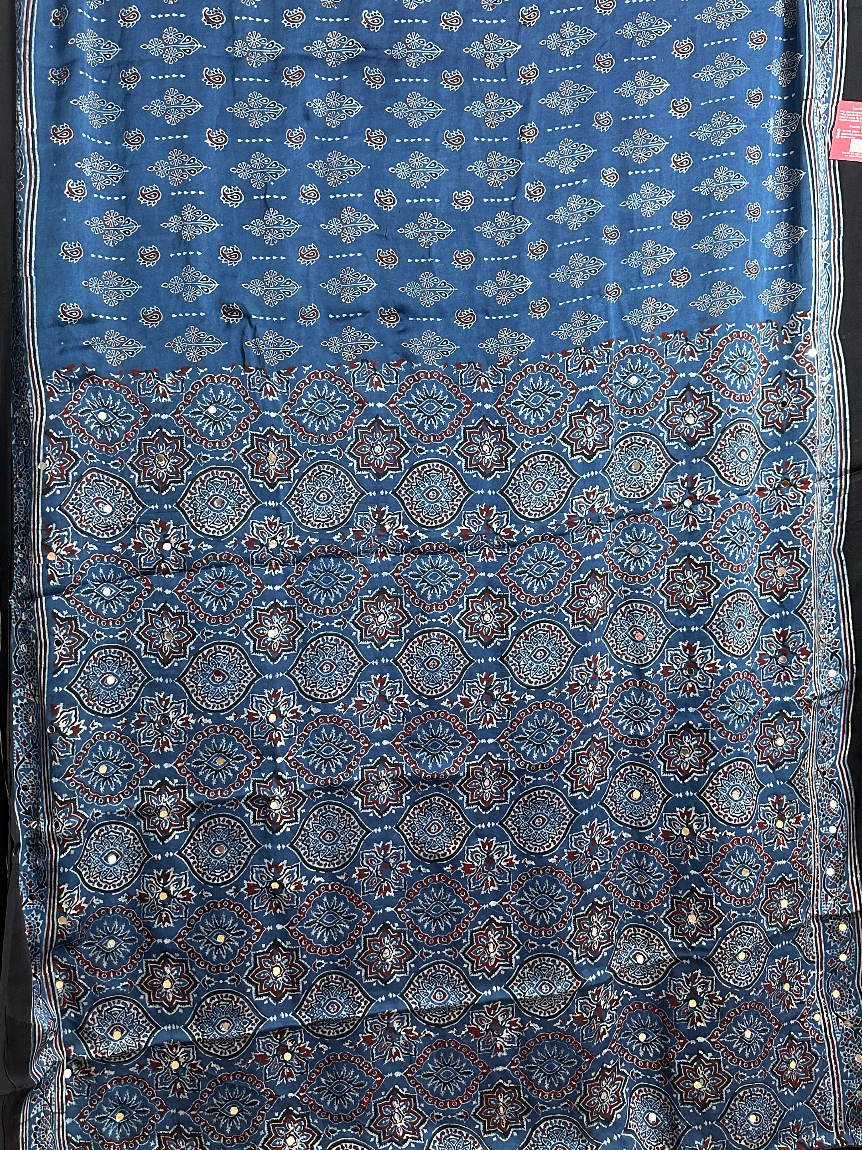 Dark blue hand block printed modal silk mirror work saree