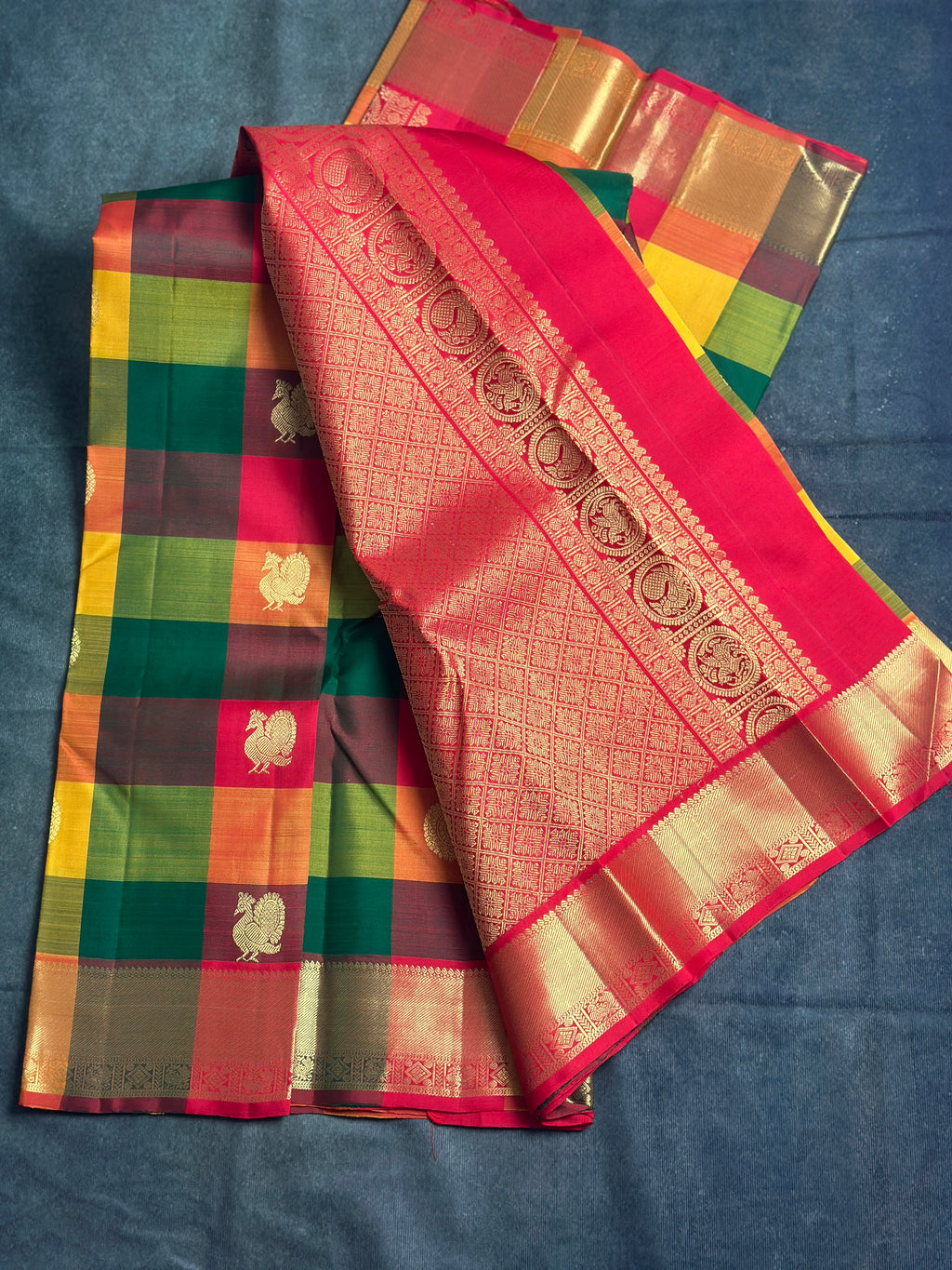 Paalum pazhamum Kanchipuram silk saree (multi colour checks )