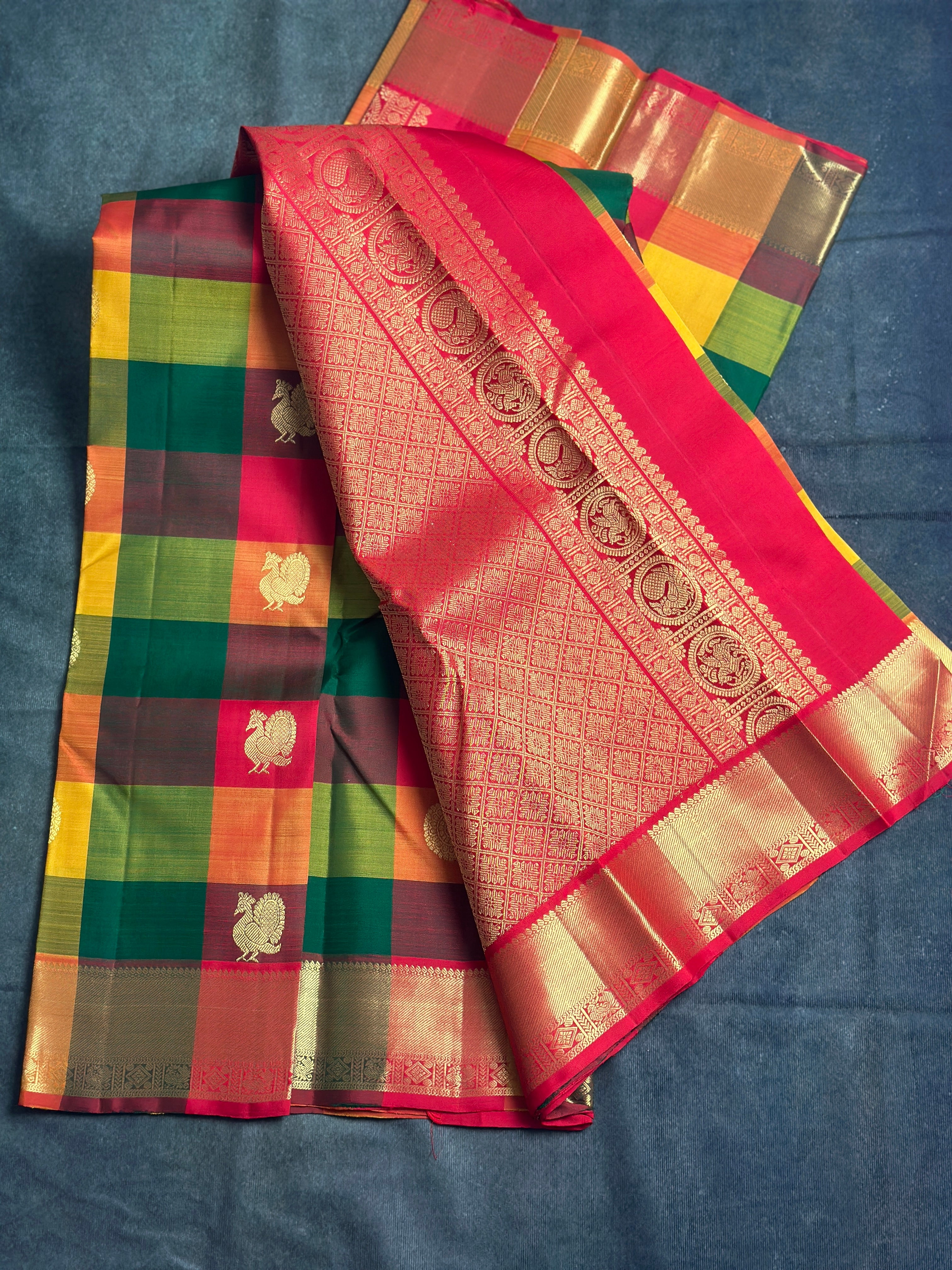 Paalum pazhamum Kanchipuram silk saree (multi colour checks )