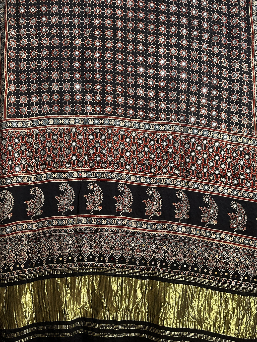 Black hand block printed modal silk mirror work saree