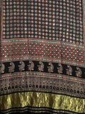 Black hand block printed modal silk mirror work saree