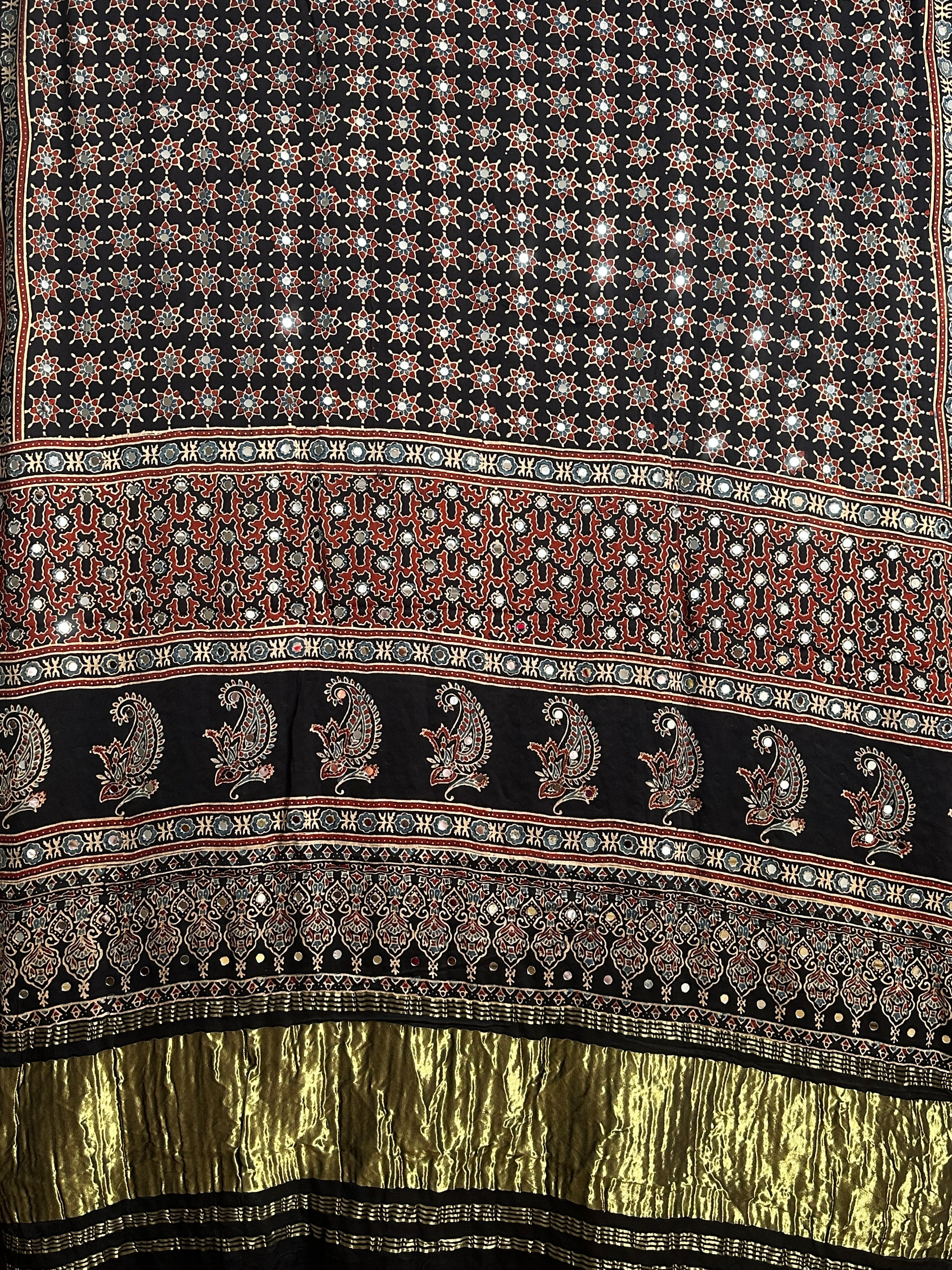Black hand block printed modal silk mirror work saree