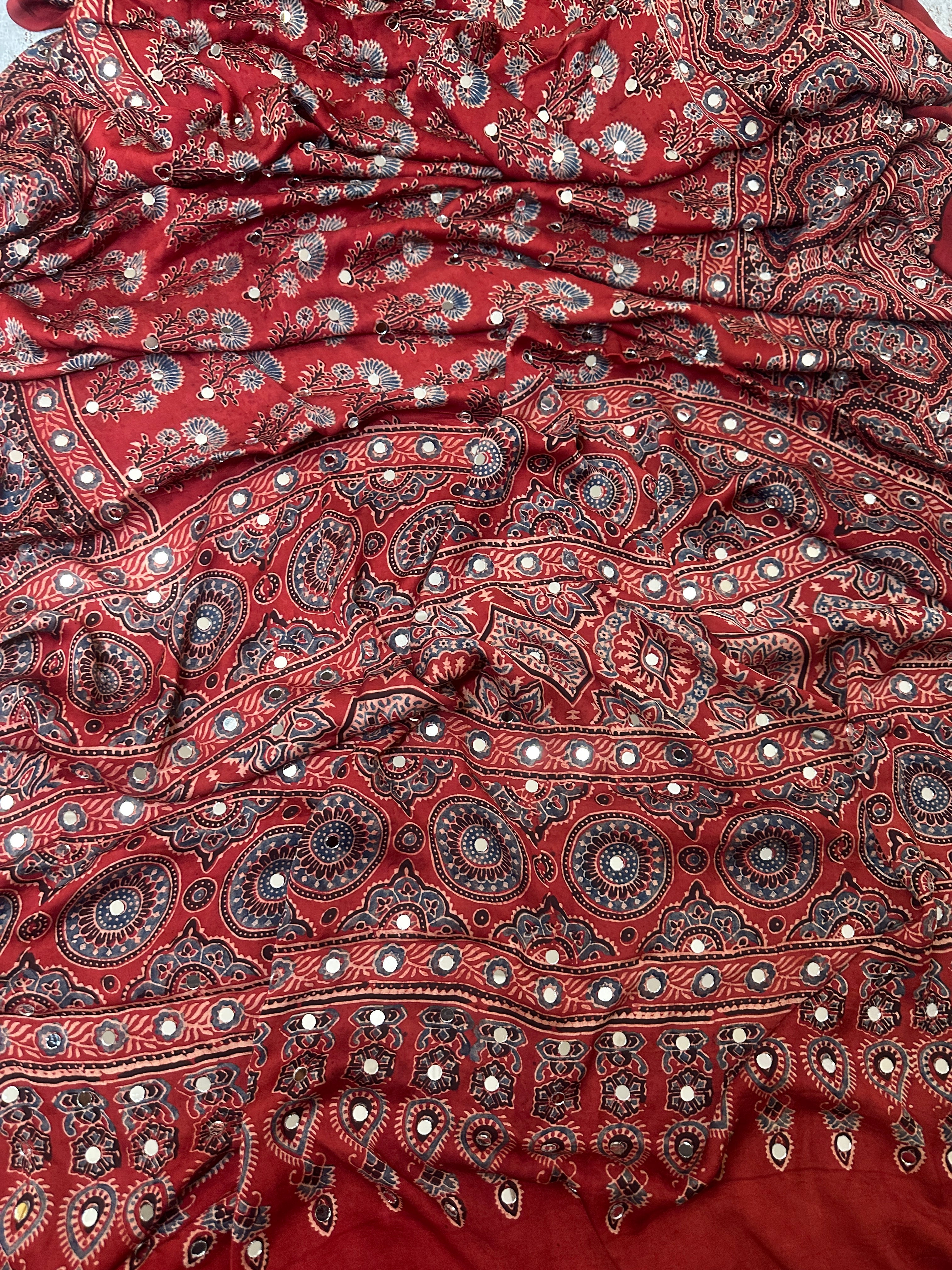 Ajrak mirror work modal silk saree