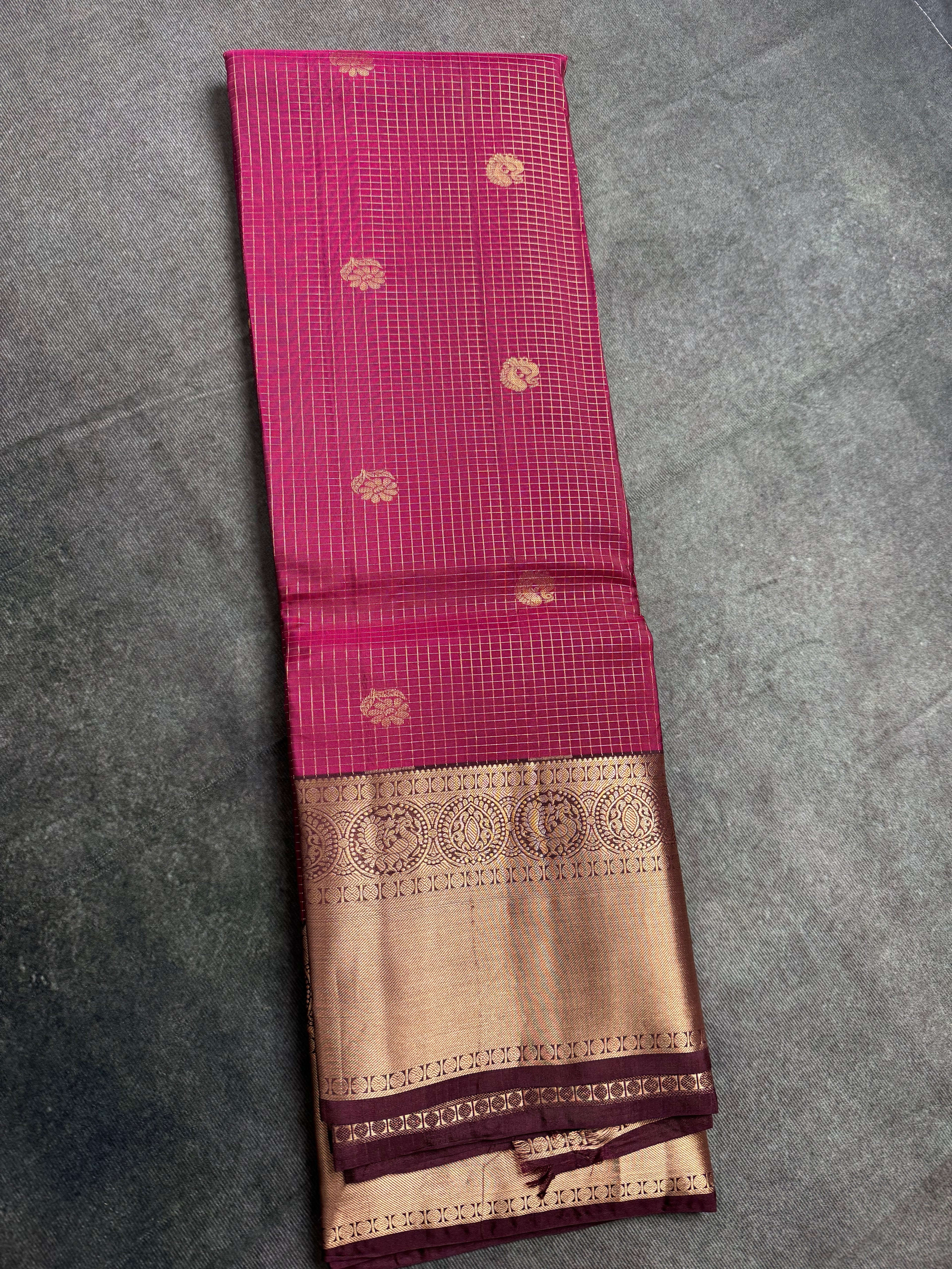 Maroon checked Kanchipuram silk saree