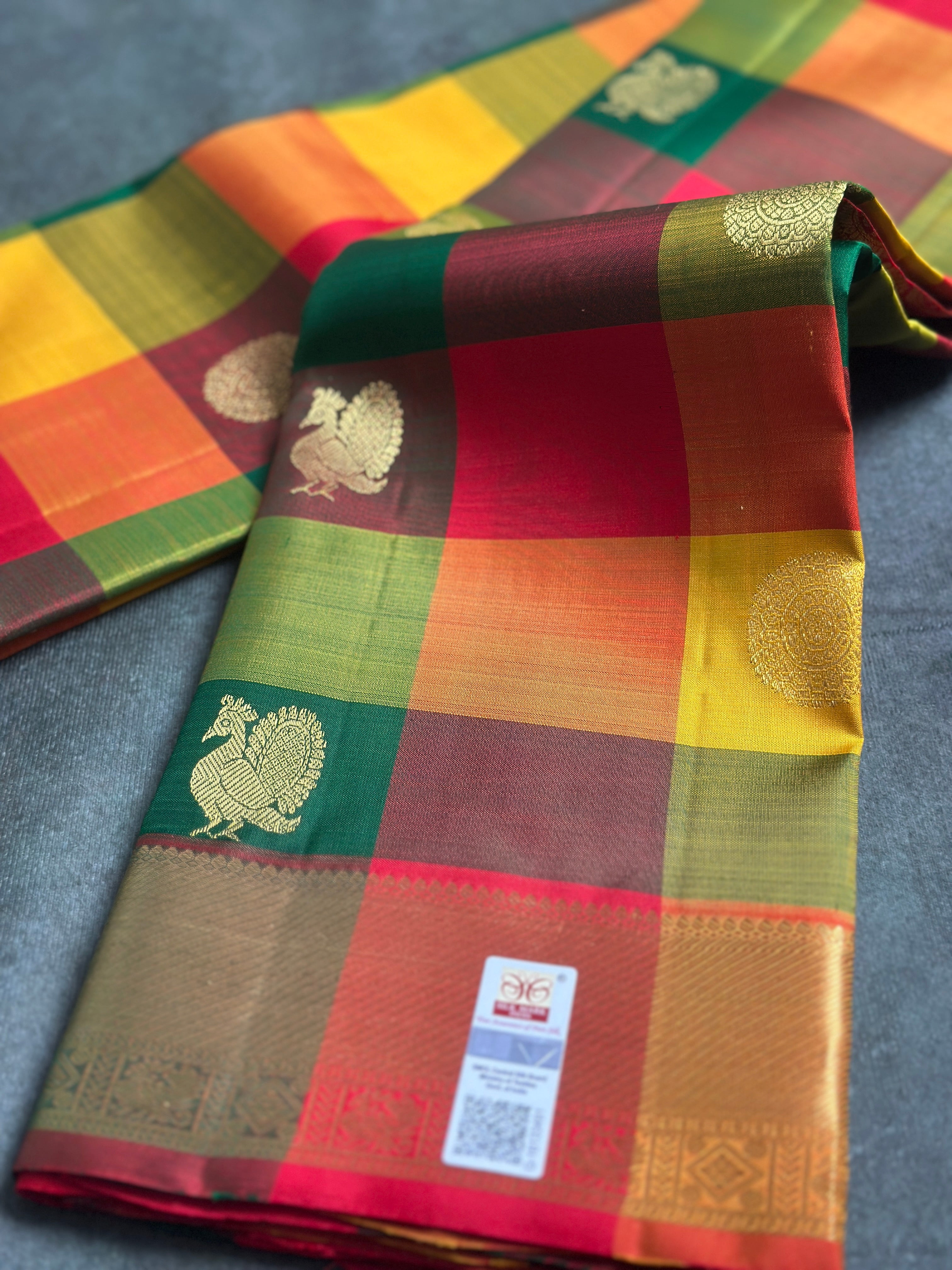 Paalum pazhamum Kanchipuram silk saree (multi colour checks )