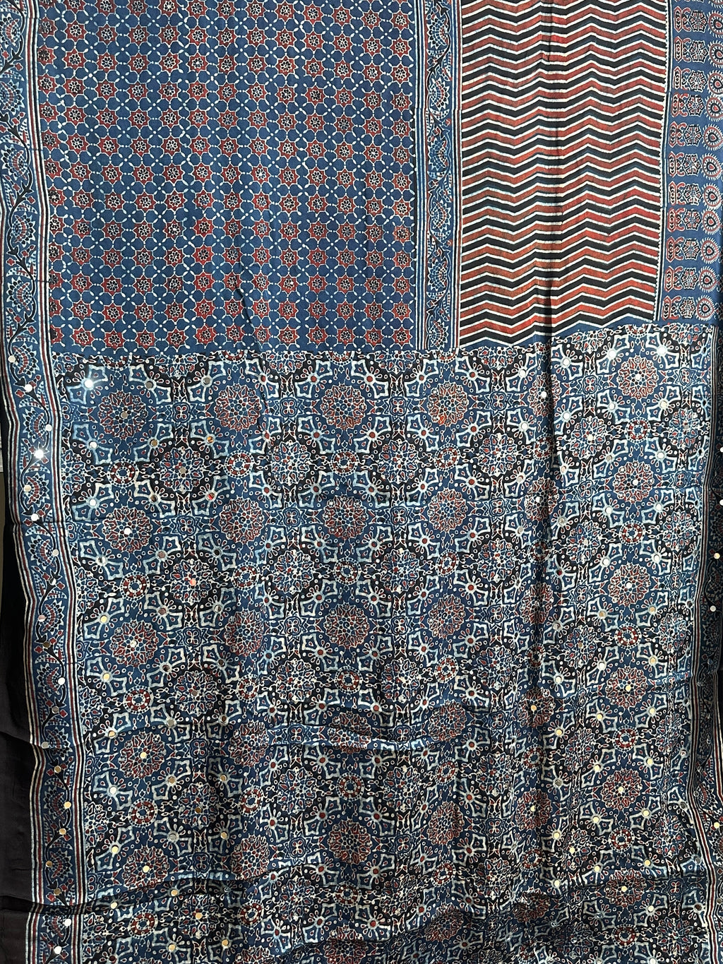 Blue and black hand block printed modal silk saree
