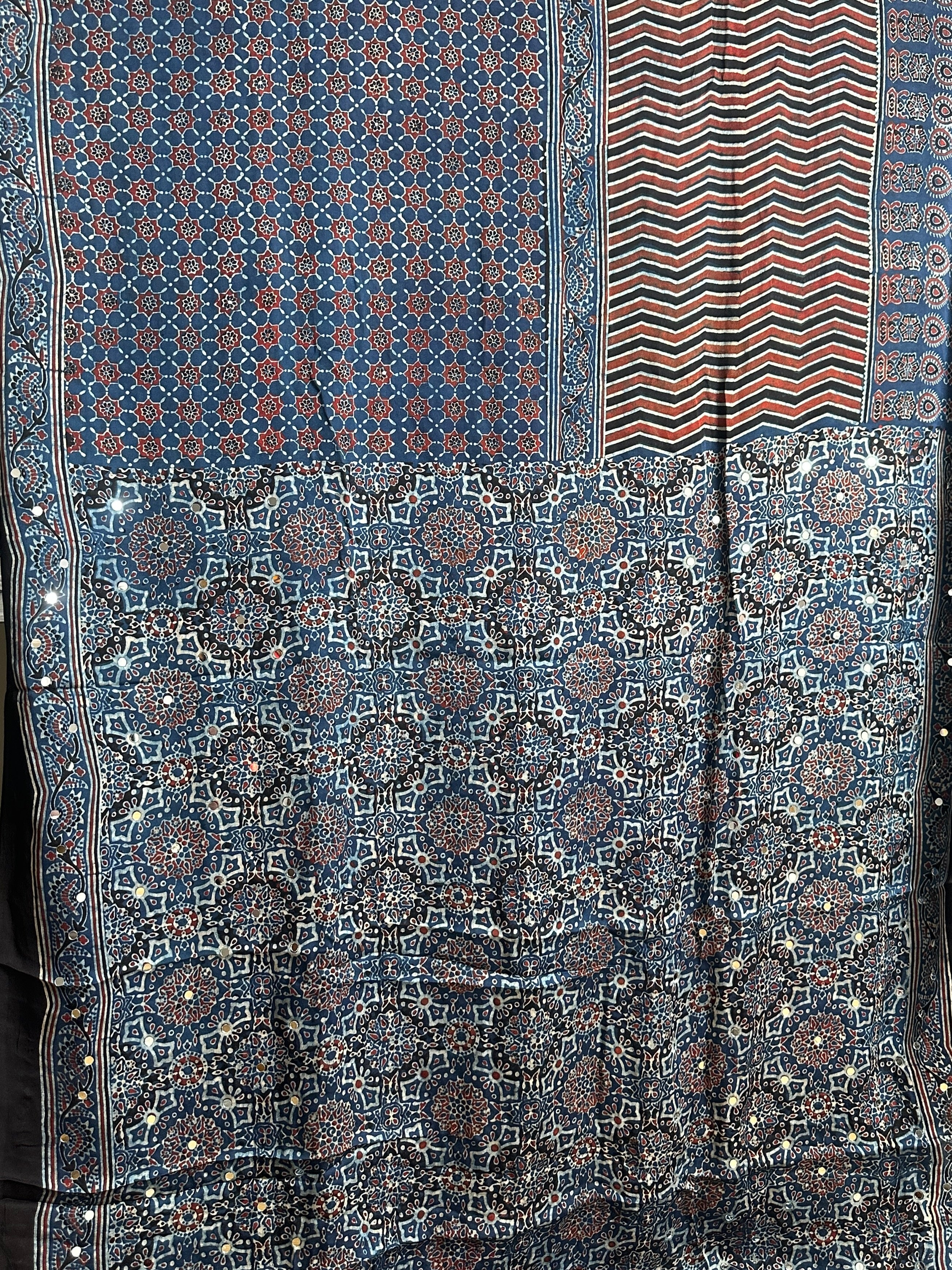 Blue and black hand block printed modal silk saree