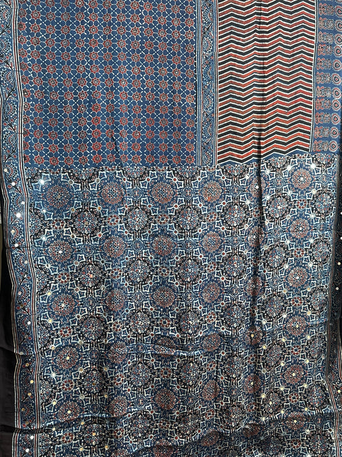 Blue and black hand block printed modal silk saree