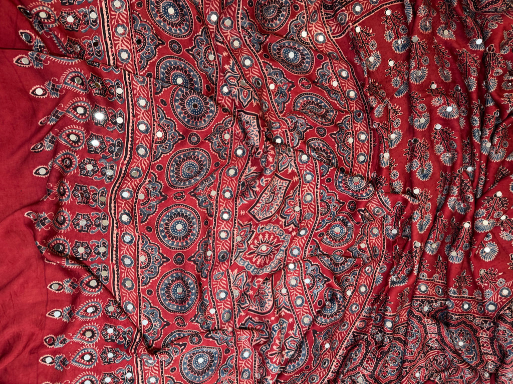 Ajrak mirror work modal silk saree
