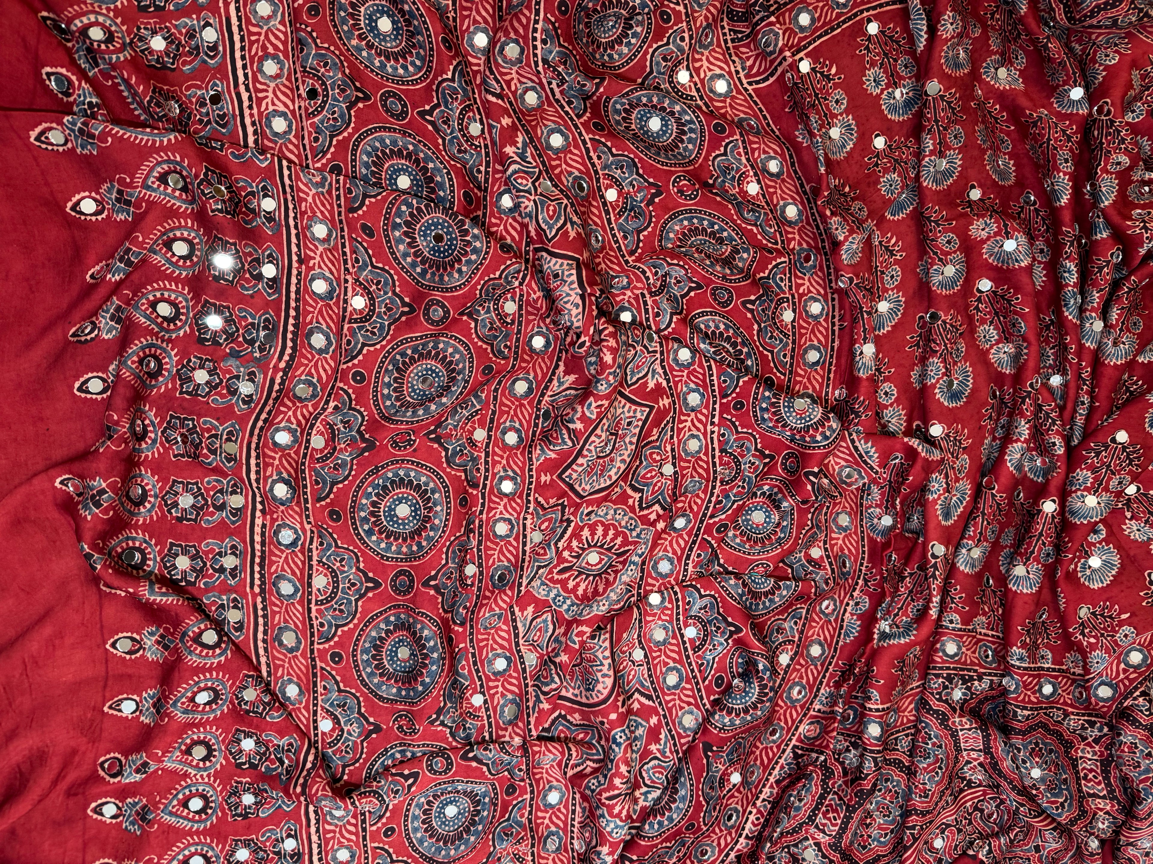 Ajrak mirror work modal silk saree