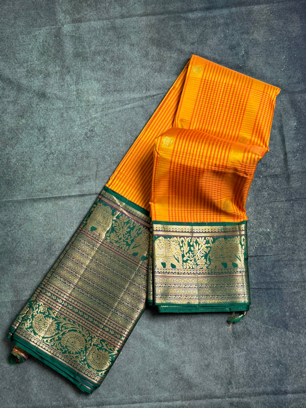 Pure Mulberry Silk Saree – Mampazham (mango) Yellow & Karun Pachai (Dark Green)
