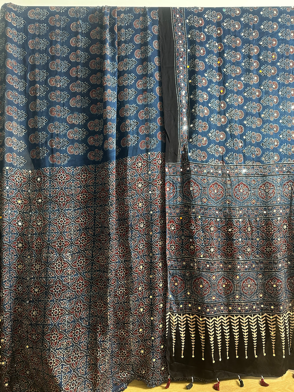 Ajrak Hand Block Print Modal Silk Saree with Mirror Work Indigo Blue