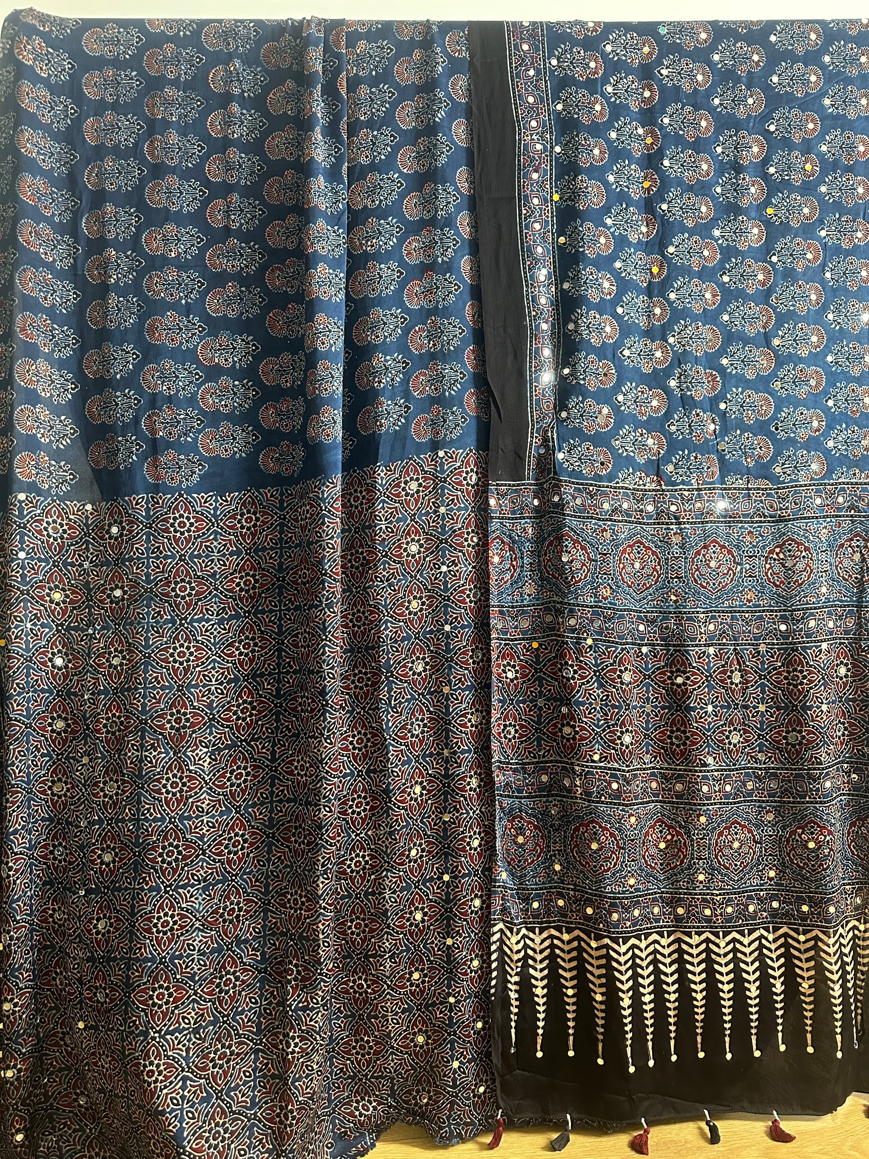 Ajrak Hand Block Print Modal Silk Saree with Mirror Work Indigo Blue
