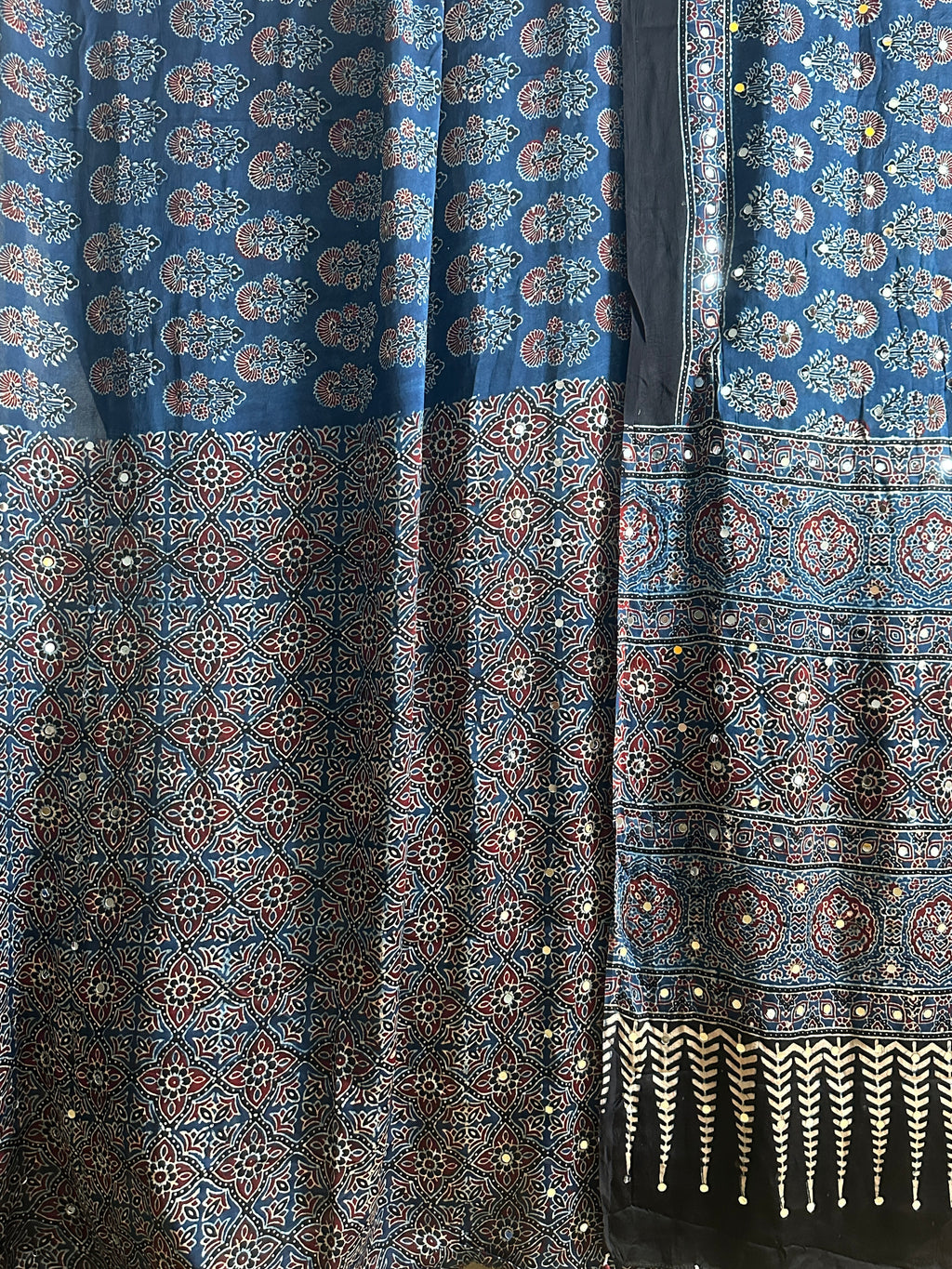 Ajrak Hand Block Print Modal Silk Saree with Mirror Work Indigo Blue