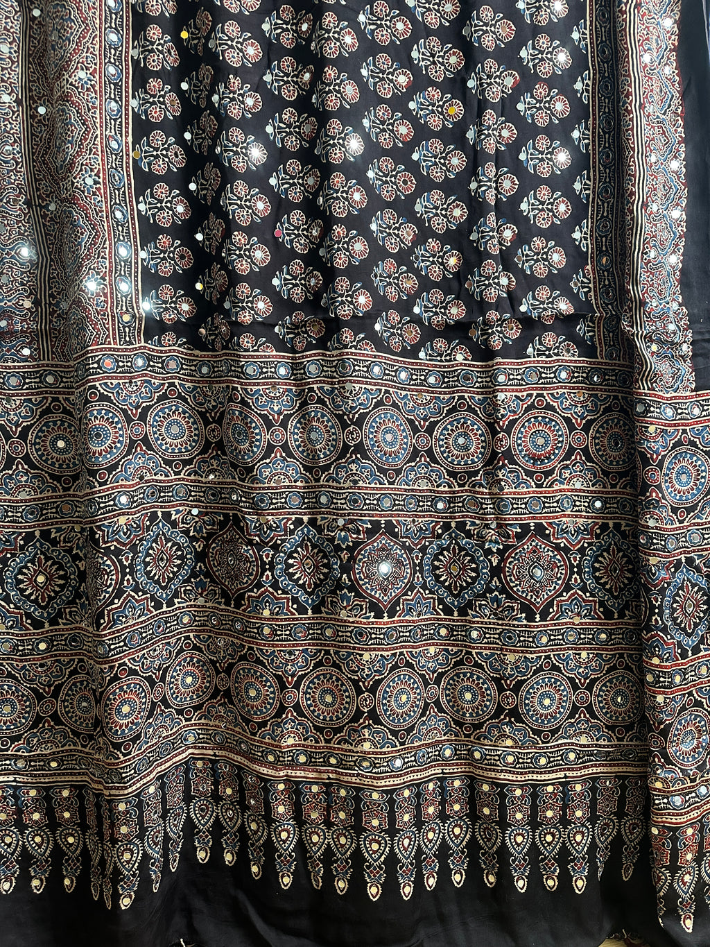 Ajrak Hand Block Print Modal Silk Saree with Mirror Work – Midnight Black