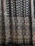 Ajrak Hand Block Print Modal Silk Saree with Mirror Work – Midnight Black