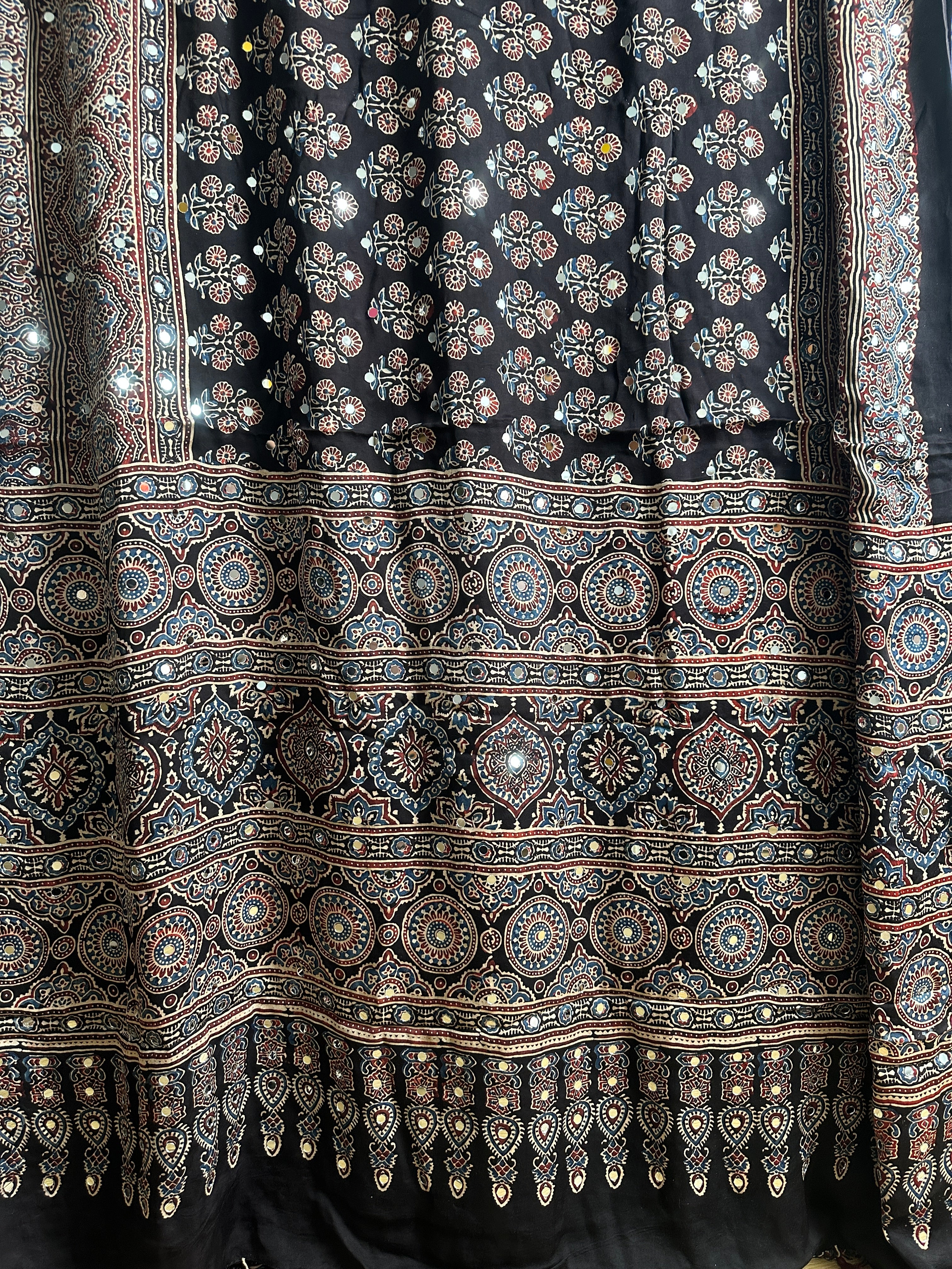 Ajrak Hand Block Print Modal Silk Saree with Mirror Work – Midnight Black