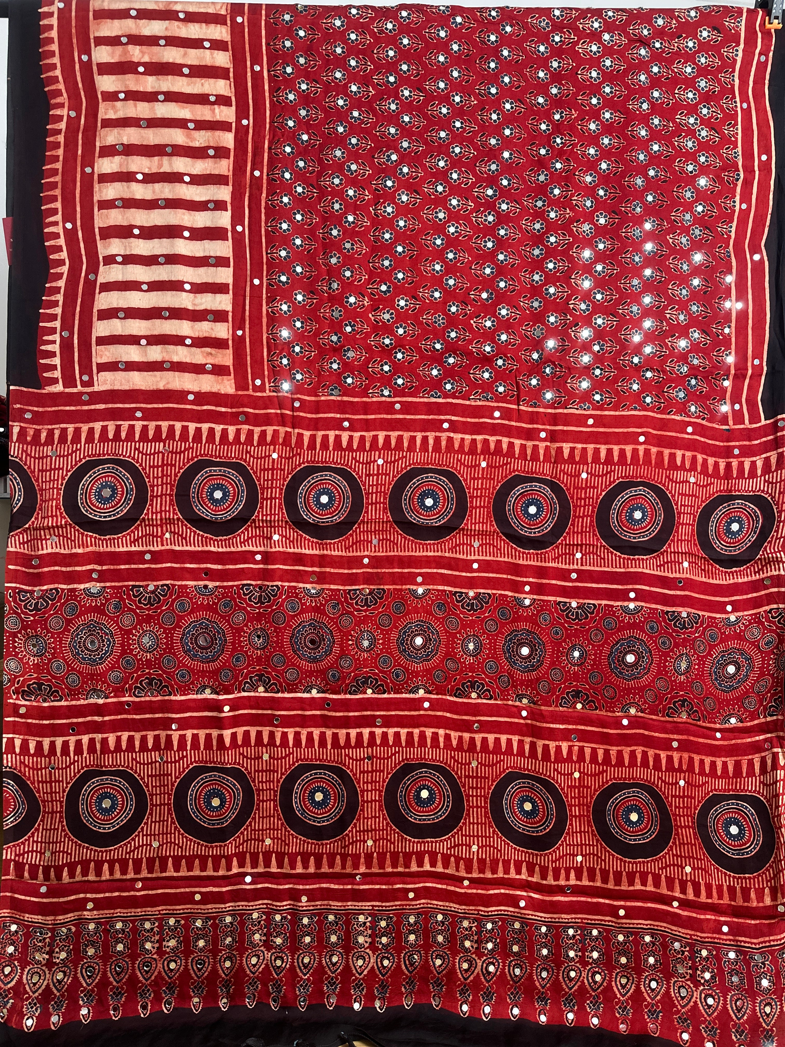 Red and black ajrak print modal silk saree