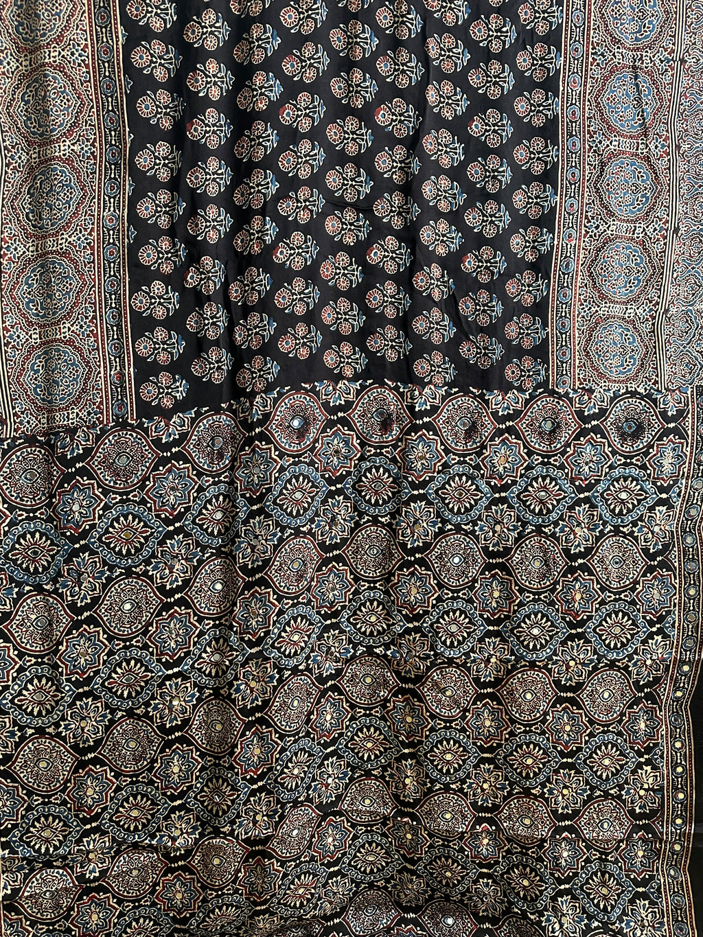 Ajrak Hand Block Print Modal Silk Saree with Mirror Work – Midnight Black