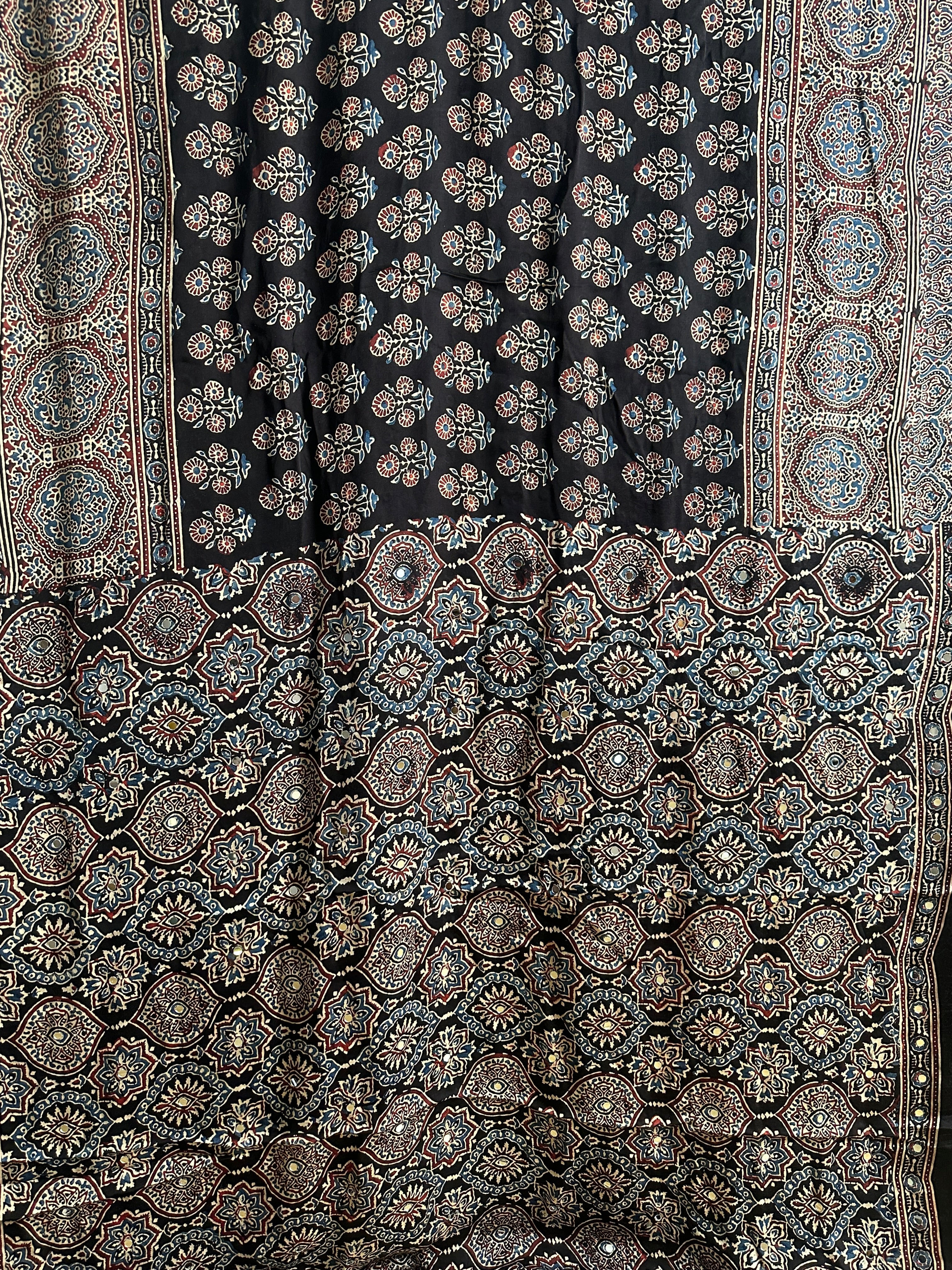 Ajrak Hand Block Print Modal Silk Saree with Mirror Work – Midnight Black