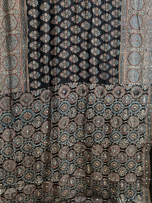 Ajrak Hand Block Print Modal Silk Saree with Mirror Work – Midnight Black