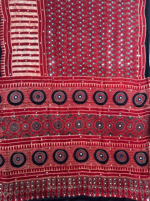 Ajrak block print modal silk saree