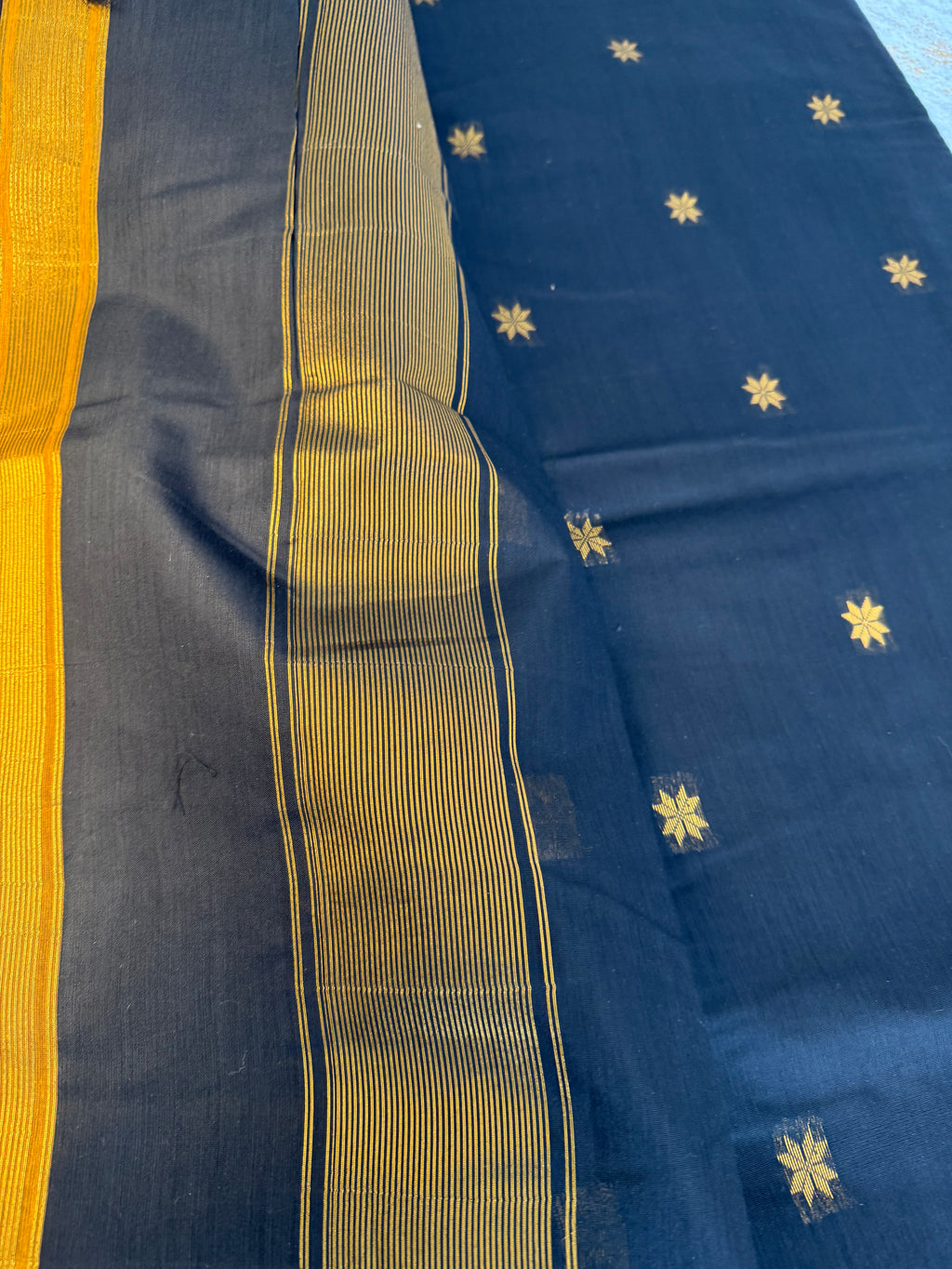 Mustard and black Maheshwari silk cotton saree