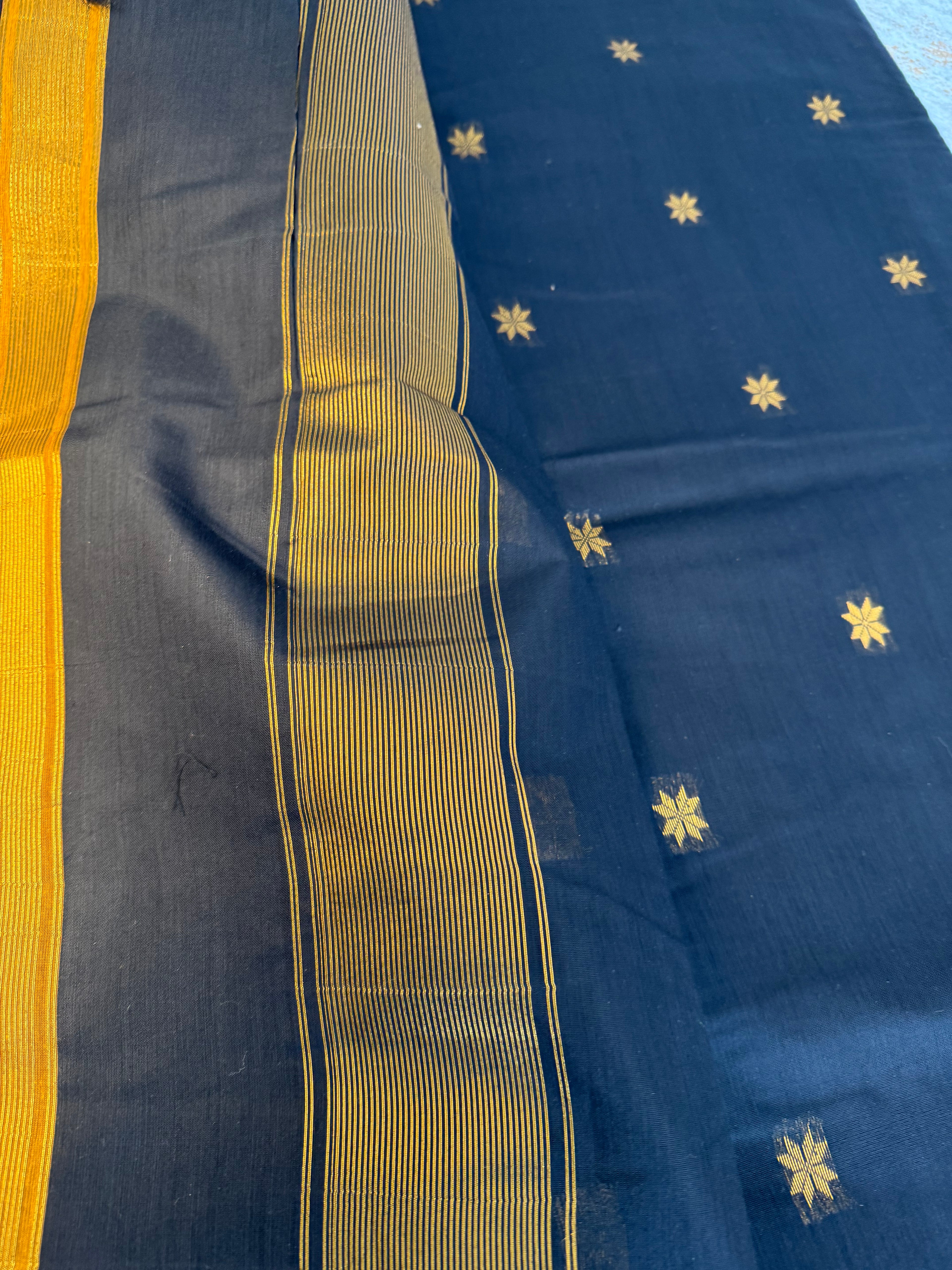Mustard and black Maheshwari silk cotton saree
