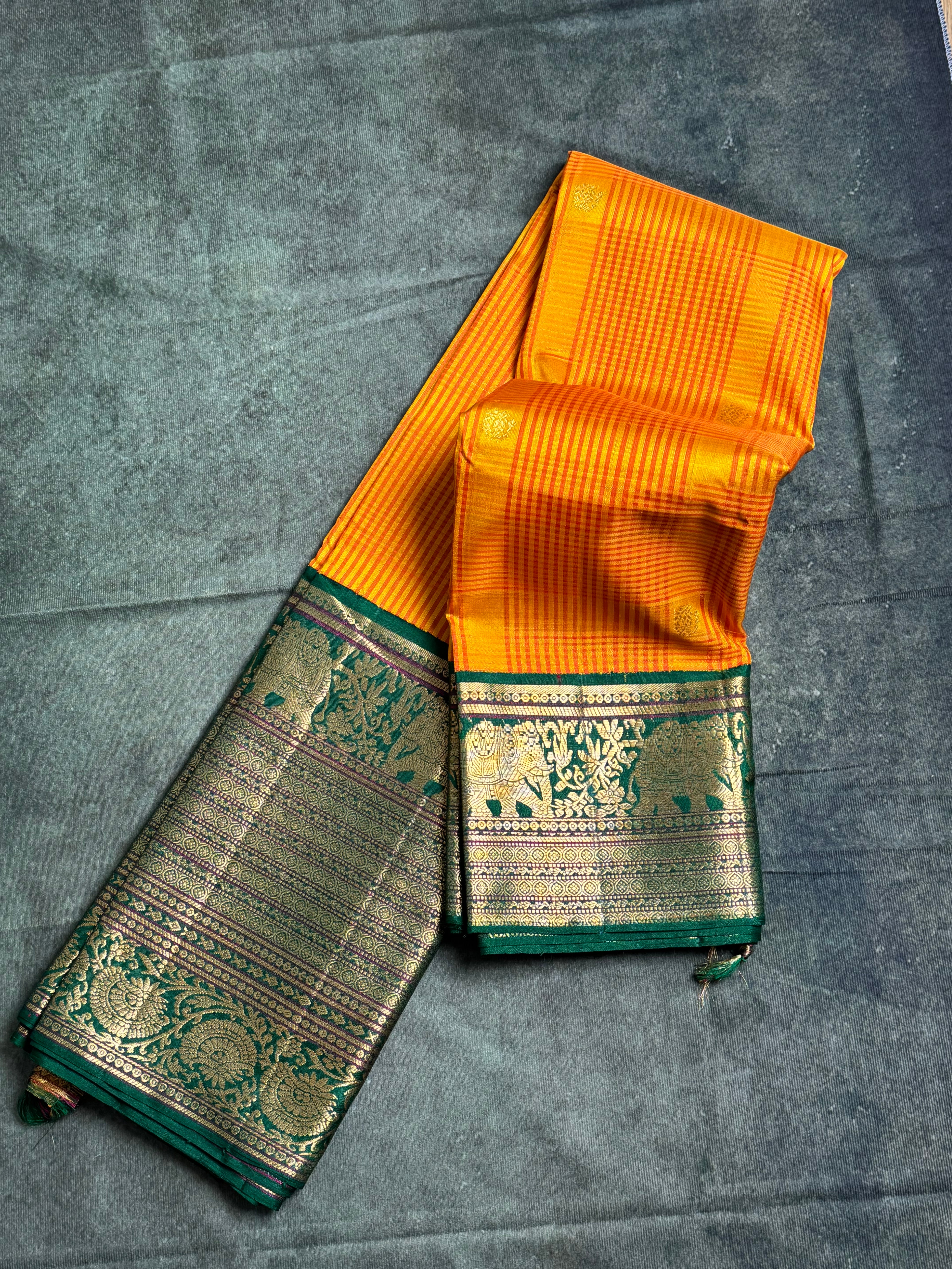 Pure Mulberry Silk Saree – Mampazham (mango) Yellow & Karun Pachai (Dark Green)