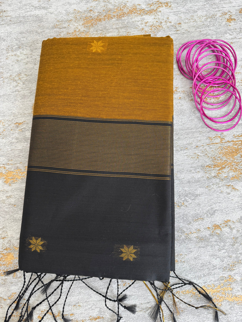 Mustard and black Maheshwari silk cotton saree